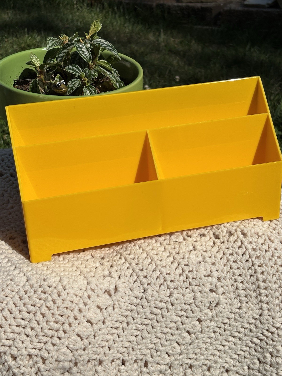 Vintage Yellow Desk Organizer Plastic Mail Paperwork Pen Holder