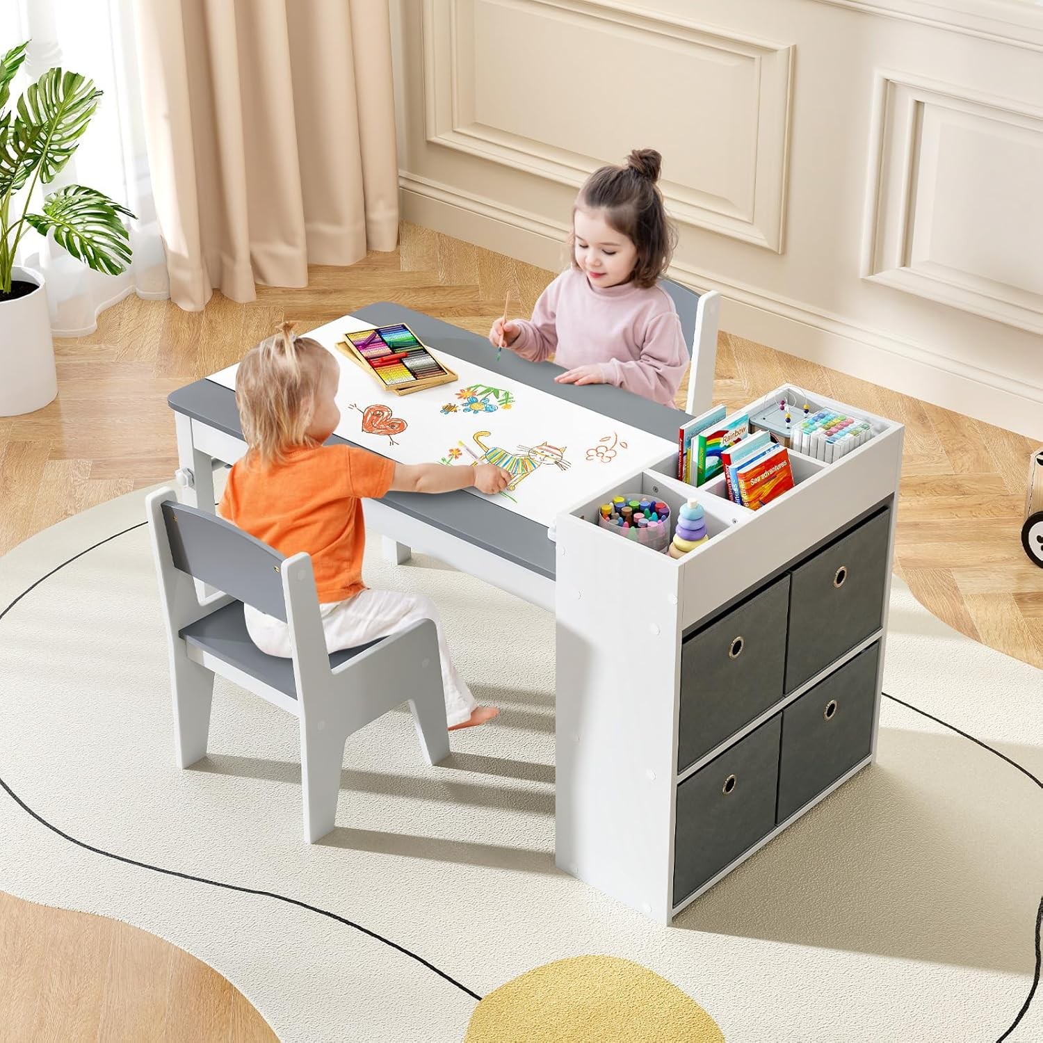 Kids Art Table and Chair Set, Toddler Craft Play Wood Activity Desk