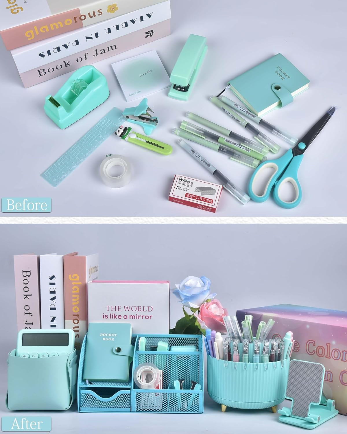 21Pcs Green and Blue Desk Organizers and Accessories with Mesh Desk Organizer an