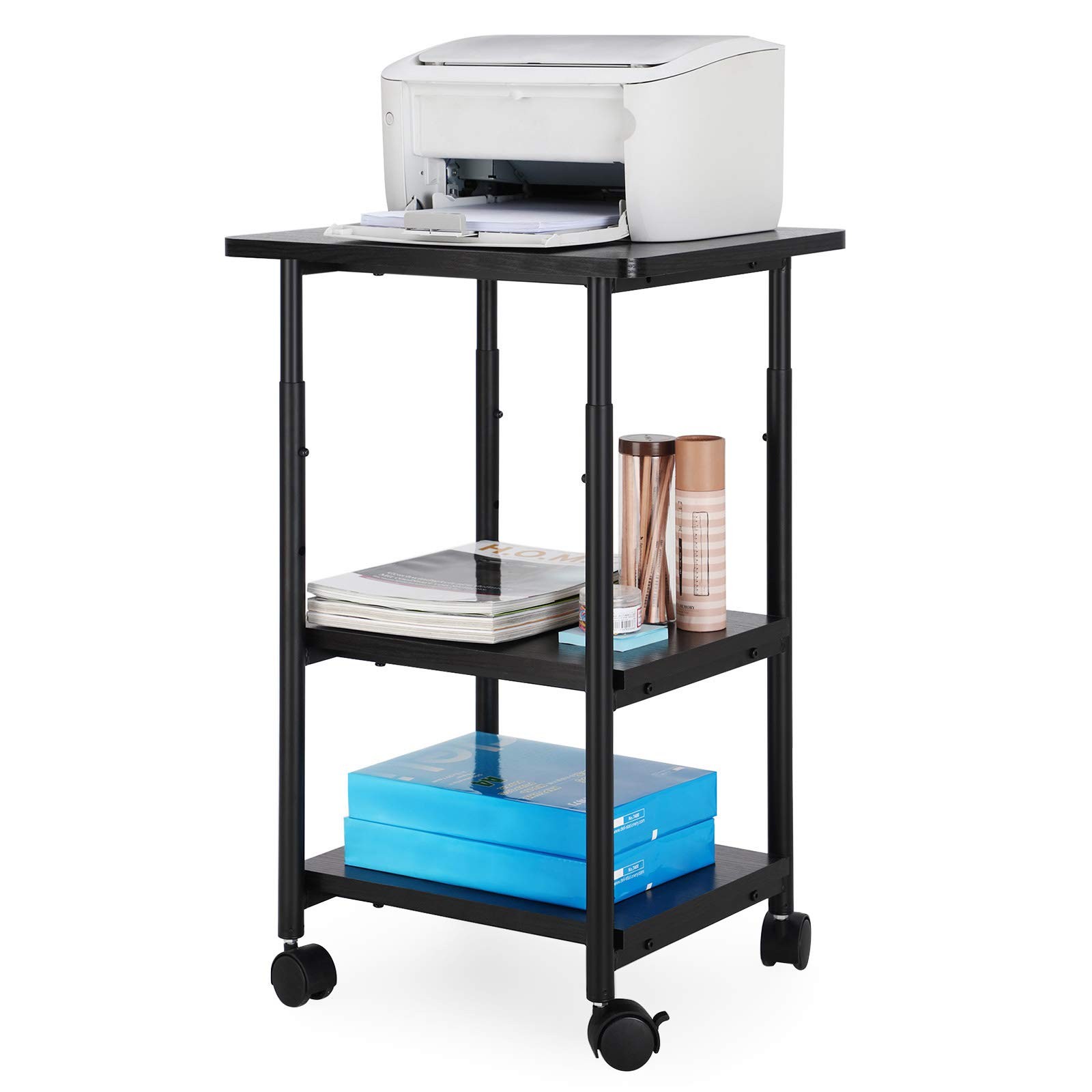 VASAGLE Heavy-Duty Printer Stand with Locking Wheels, 3-Tier, Ebony Black