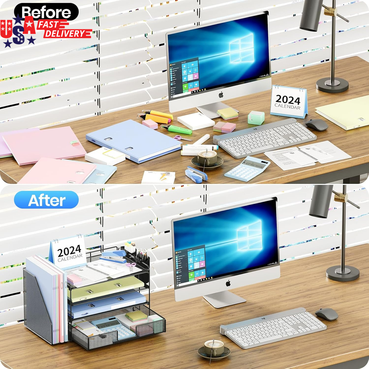Desk Organizer, 4-Tier Desktop File Organizer with Drawer and 2 Pen Holders, Off