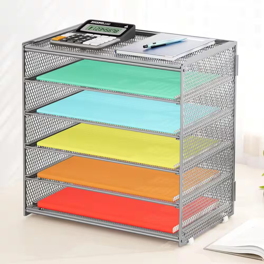12.5 in X 13.25 in Silver Metal Paper Organizer Storage 6 Tier Letter Tray Desk
