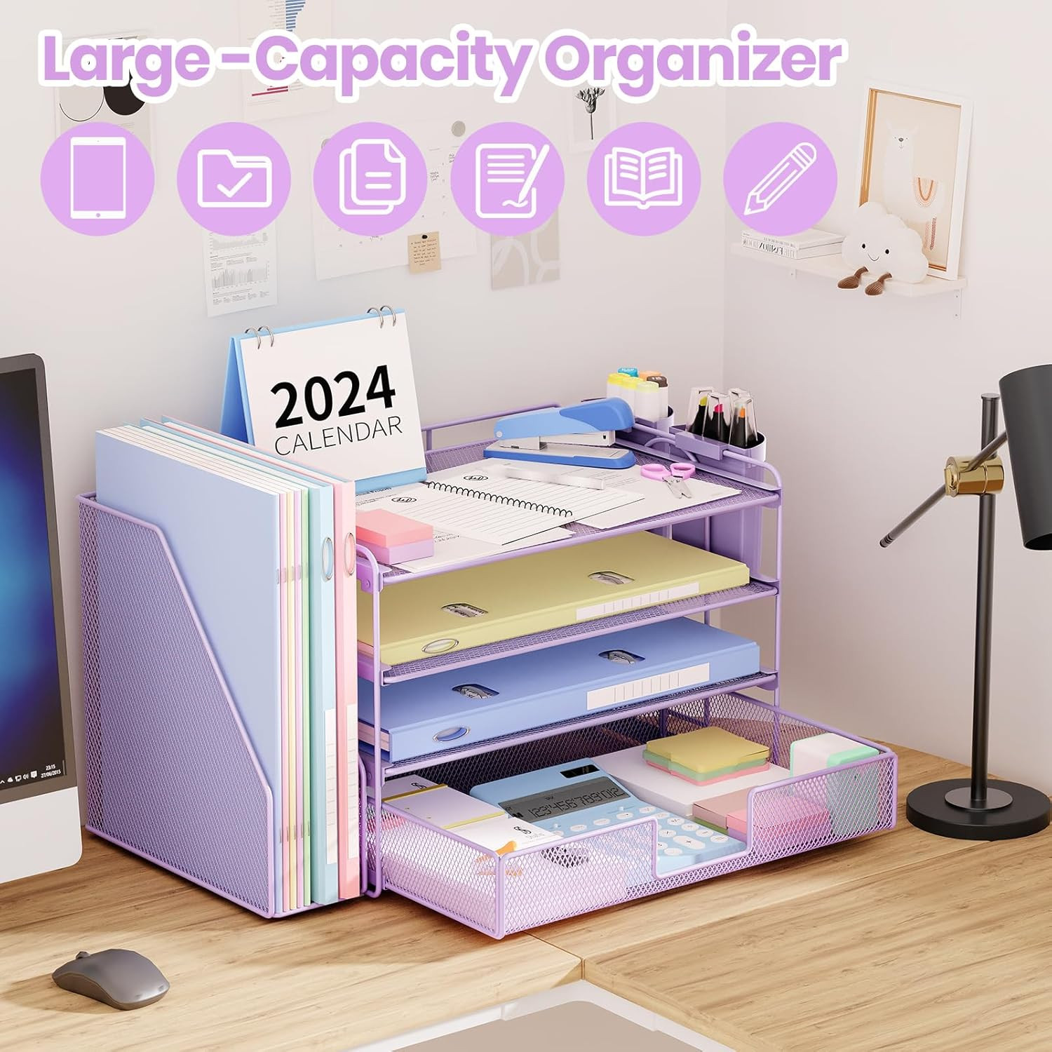 4 Tier Desk Organizer with Drawer and 2 Pen Holders Purple