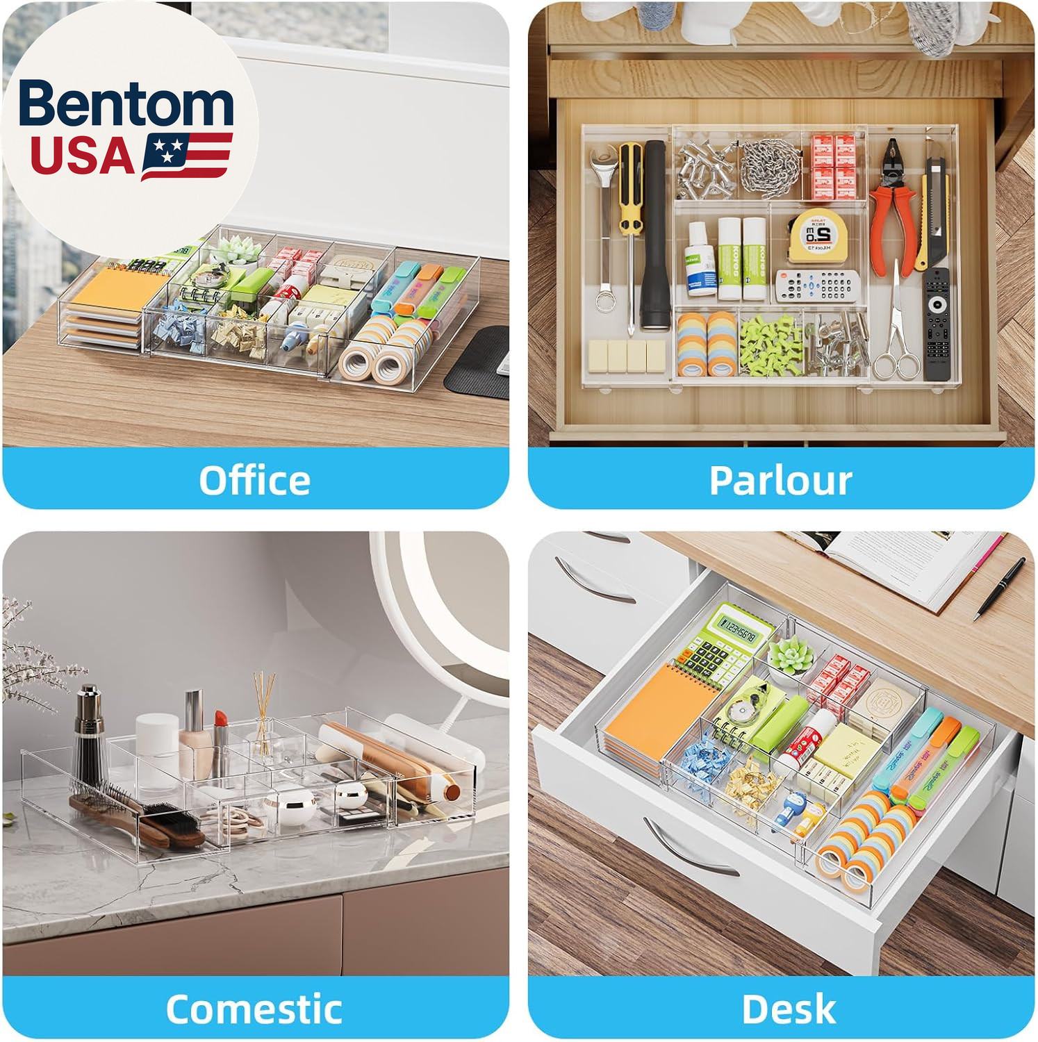 Expandable Desk Drawer Organizer, Clear Plastic Drawer Organizer Tray with 10 Ad