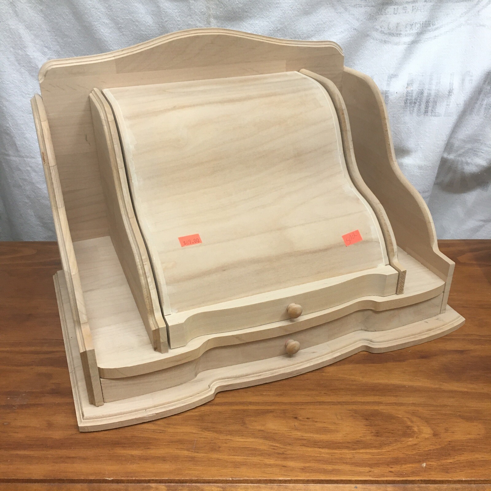 Large 4-Tier WOOD Desktop Organizer CABINET with 2 Drawers NOS Made In USA w3