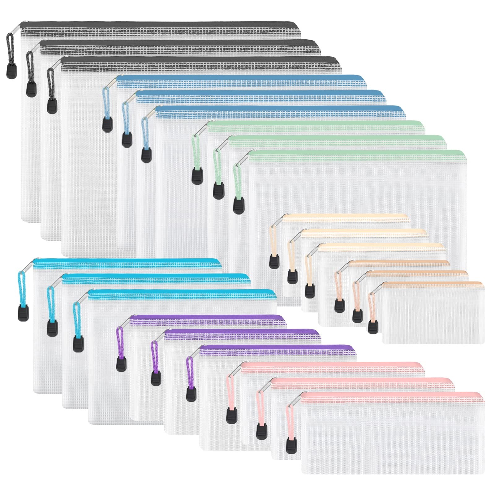 24 PCS Mesh Zipper Pouch Waterproof Zipper Bags 8 Sizes 8 Colors Plastic Travel