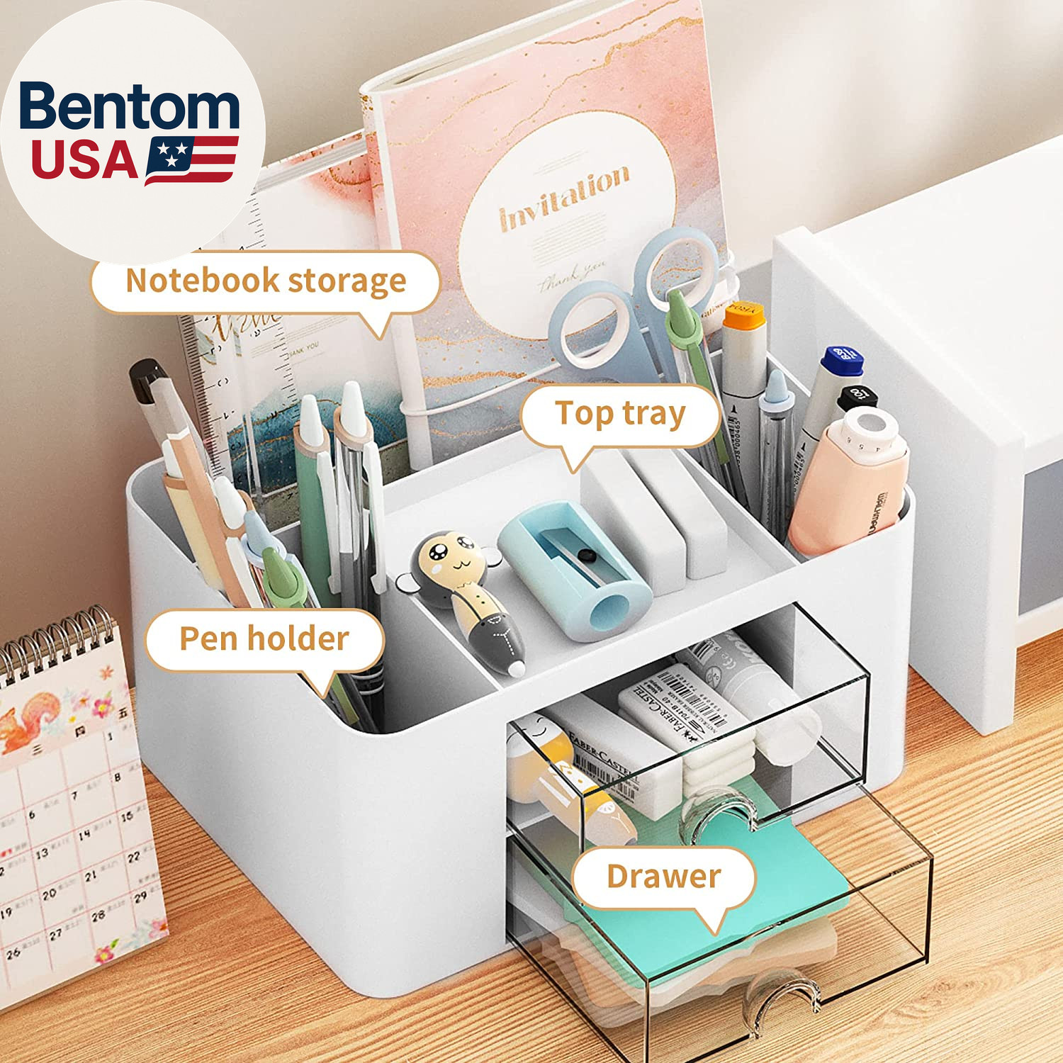 Pen Organizer with 2 Drawer, Multi-Functional Pencil Holder for Desk, Desk Organ