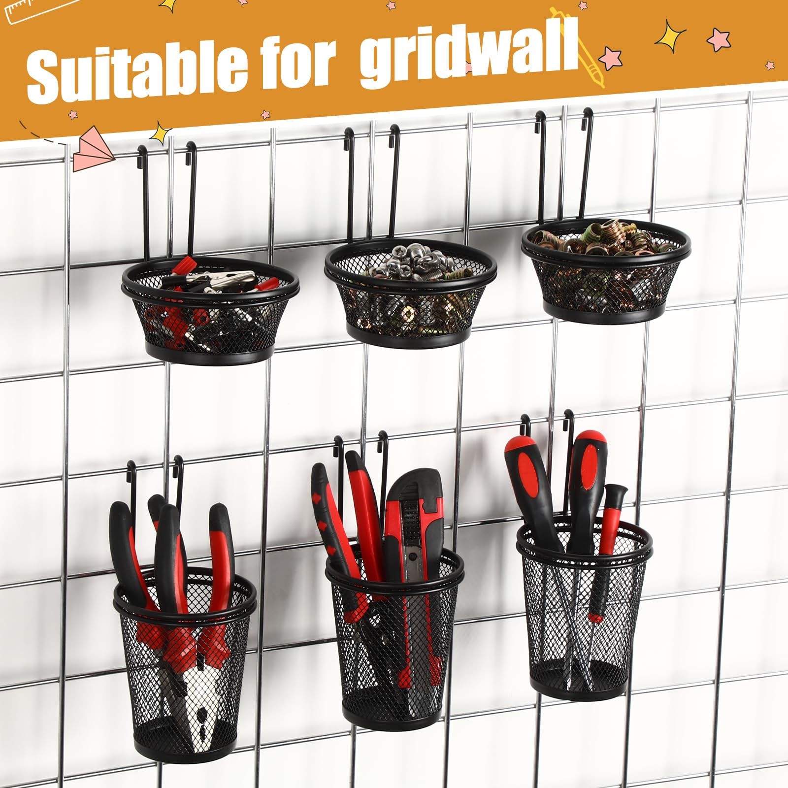 6 Pcs Grid Wall Cups with Ring Hooks Hanging Pencil Holder Wall Mount Wire Gr…