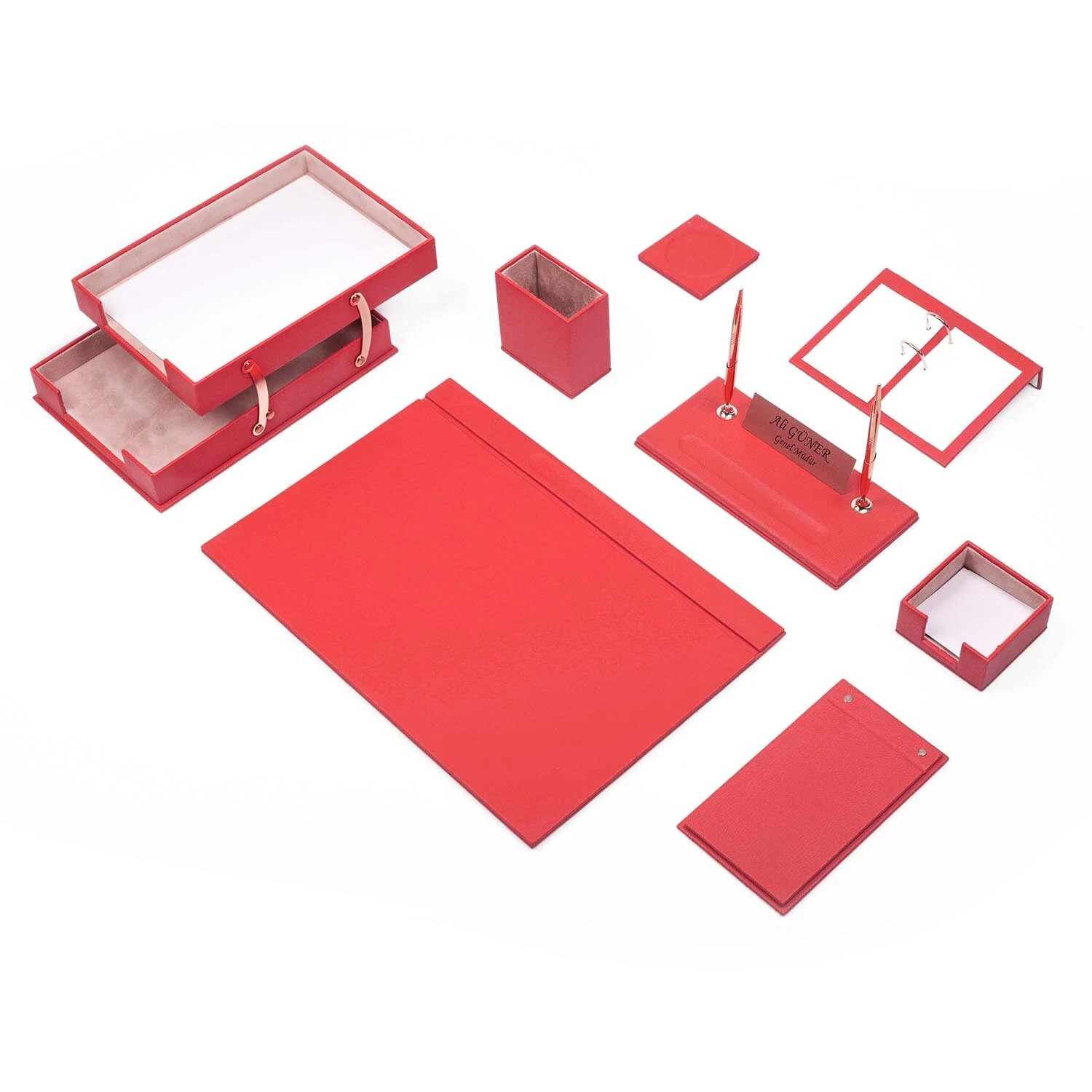 Leather Desk Set 10 Pieces with Double Document Tray Desk Organizer Red