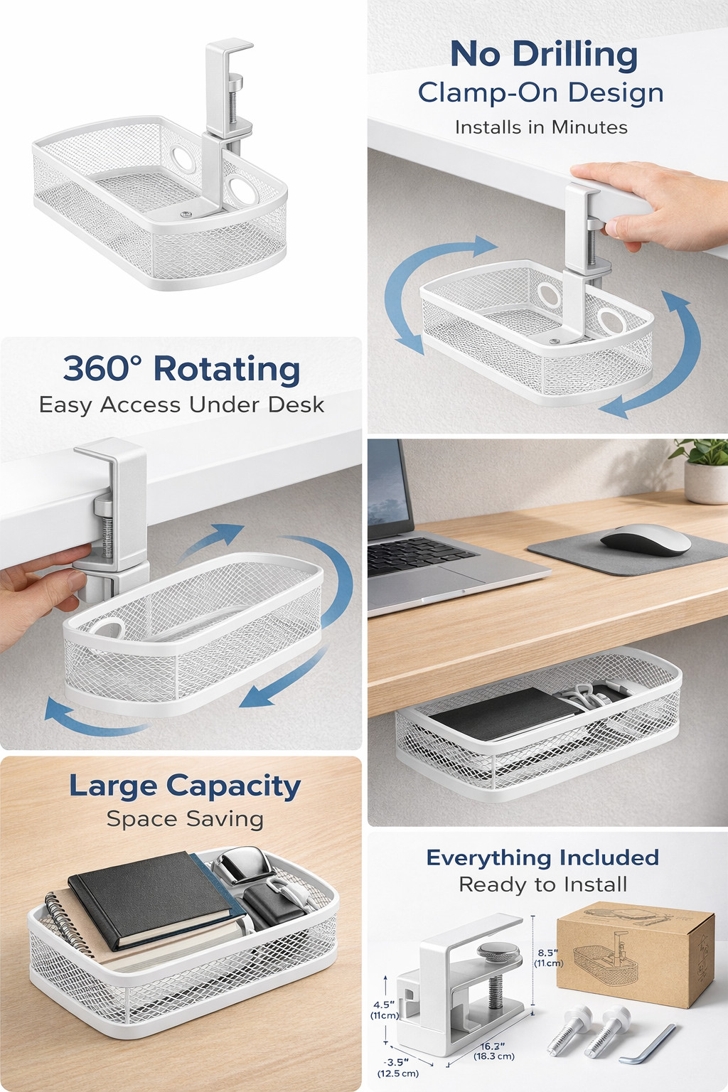 Under Desk Storage Basket 360° Rotating Clamp-On Mesh Organizer White