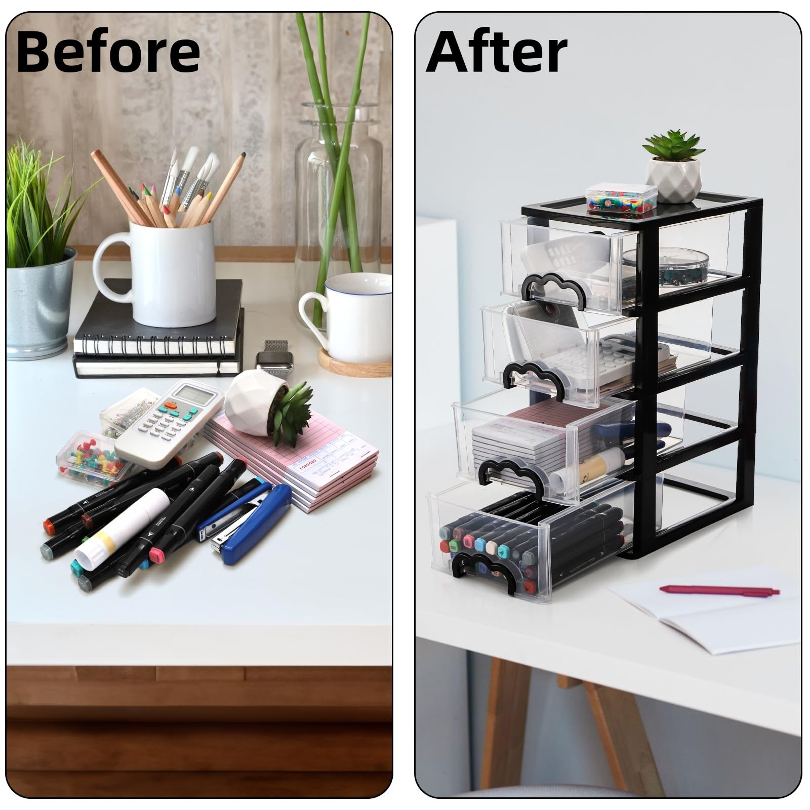 Desktop Organizer with 4 Drawers, Clear Plastic Storage Drawer Unit, Small De…