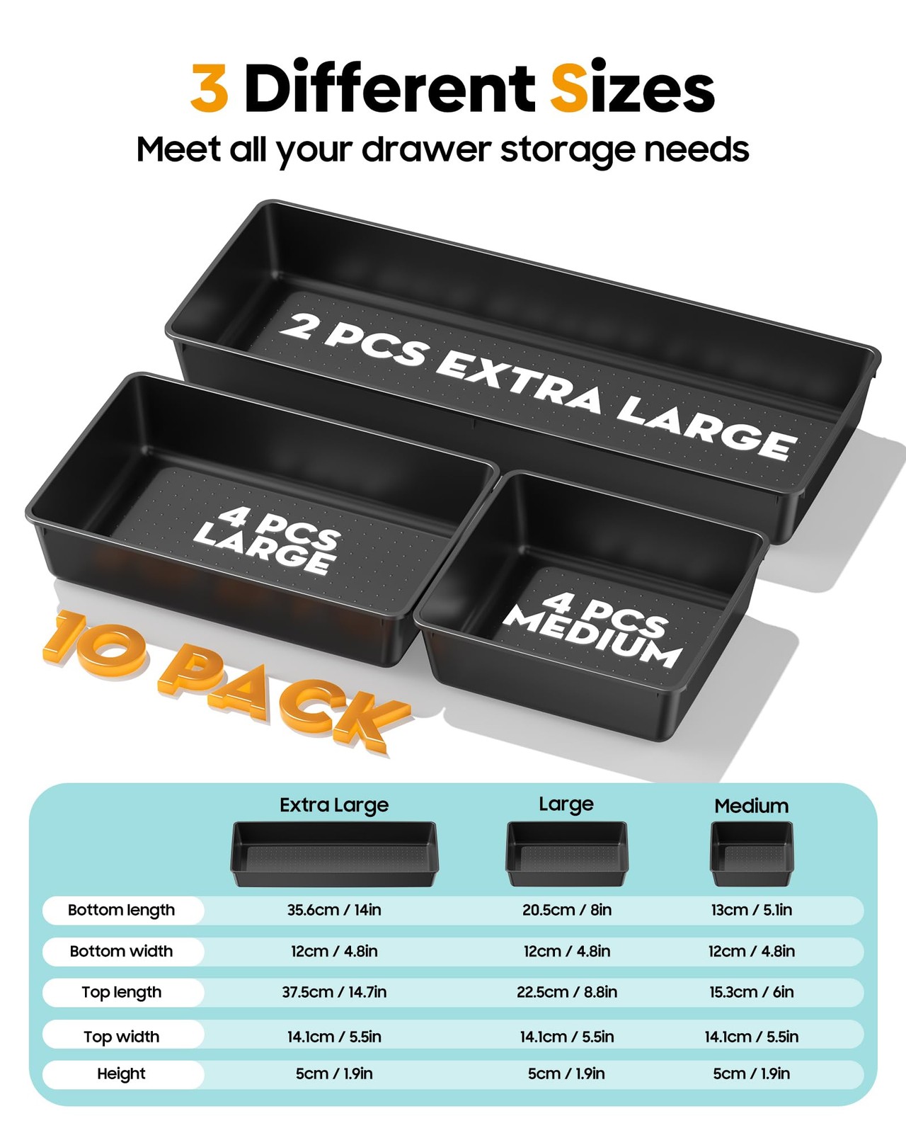 MLIKLU 10 Pack Large Size Plastic Drawer Organizers Set, 3 Sizes Desk Black