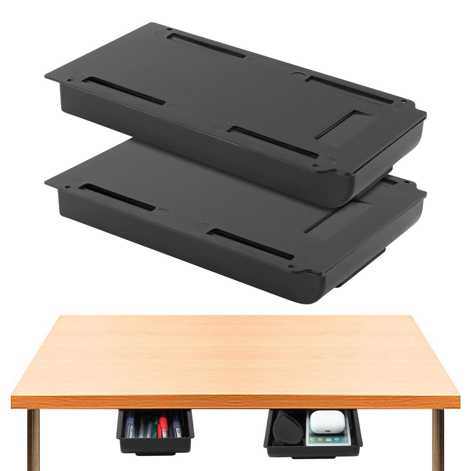 Under Desk Drawer, 2 Pack Large & Small Under Desk Organizer Self-Adhesive Dr…