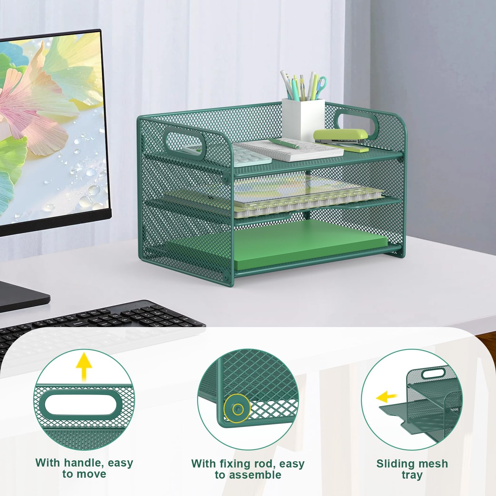 Green 3~Tier Mesh Desk Organizer Letter Tray with Handle