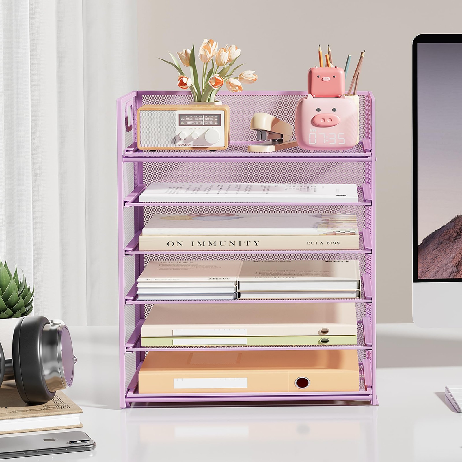 6~Tier Purple Mesh Paper Tray Organizer with Handle, Stackable Desk Organizer