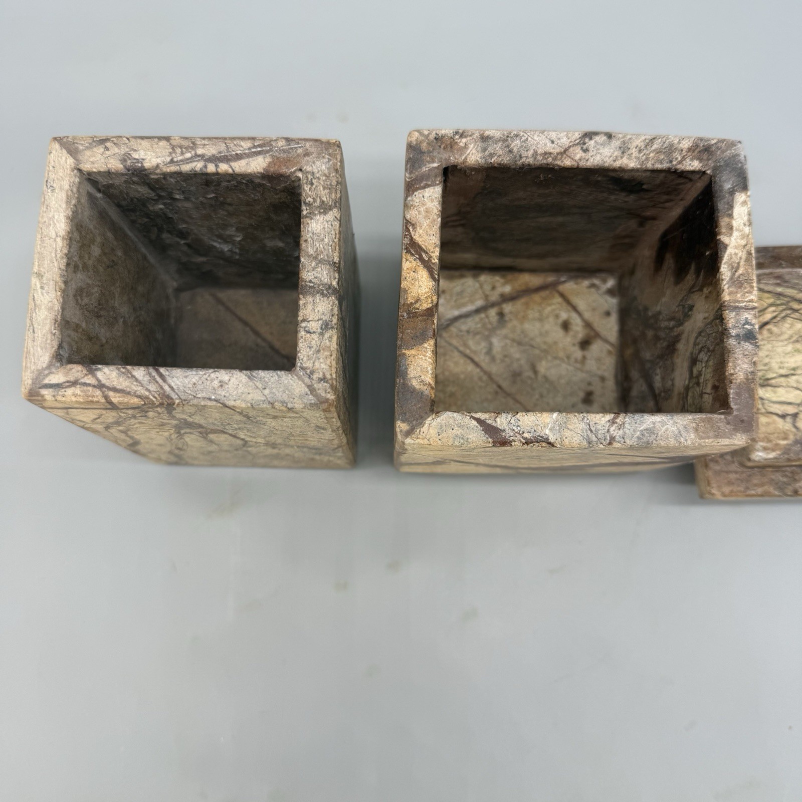 Vtg Marble Rectangle Pen Holder Trinket Box Set Brown Desktop Organizer