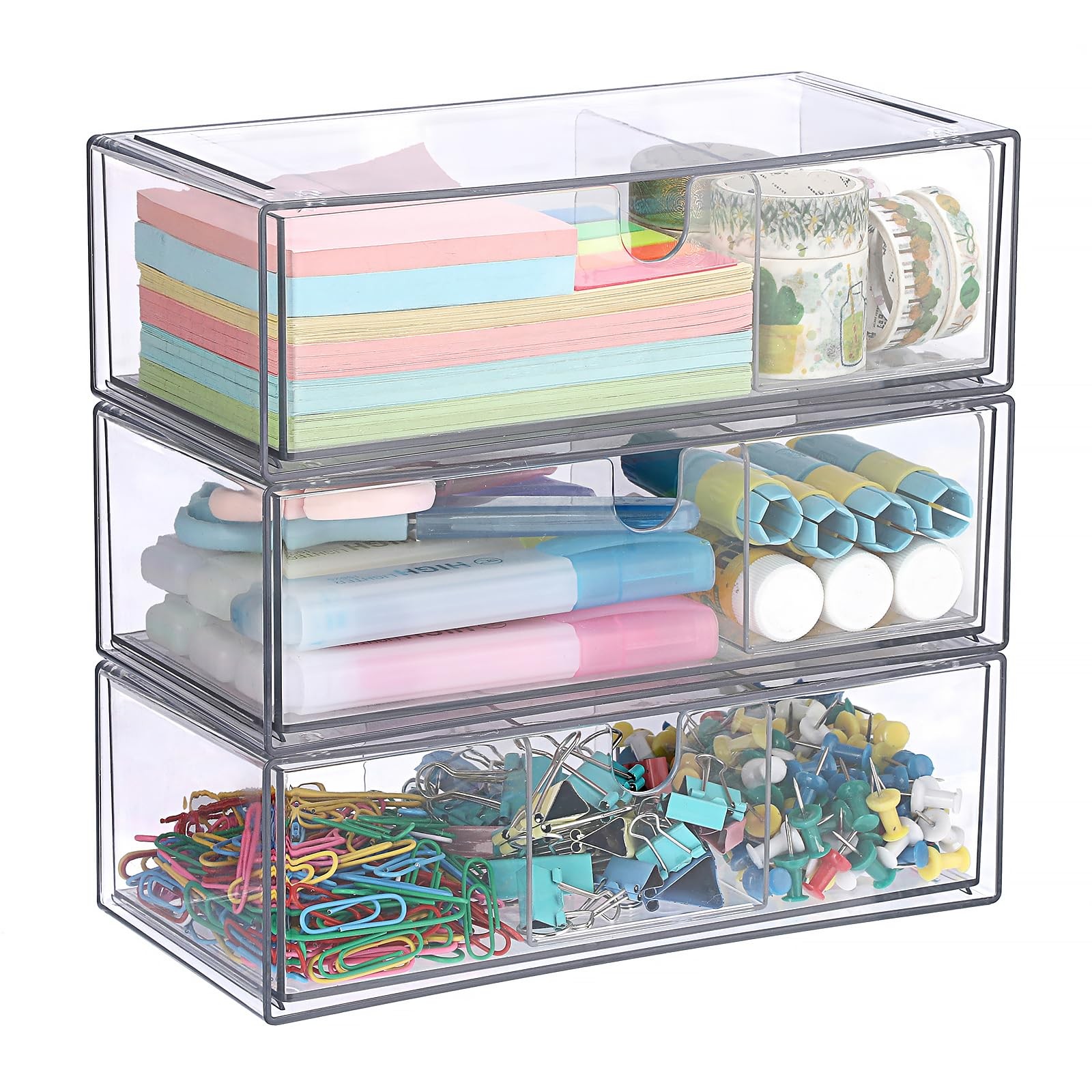 3 PCS Clear Acrylic Stackable Pencil Drawer Removable Divider Organizer