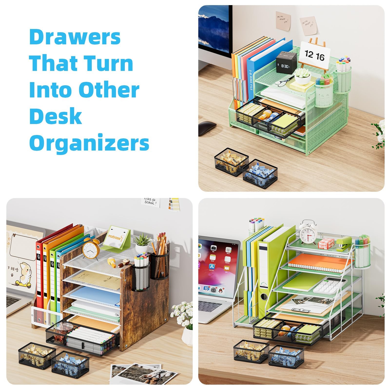 3 PCS Desk Drawer Organizer 9 Adjustable Compartment Makeup Office Black