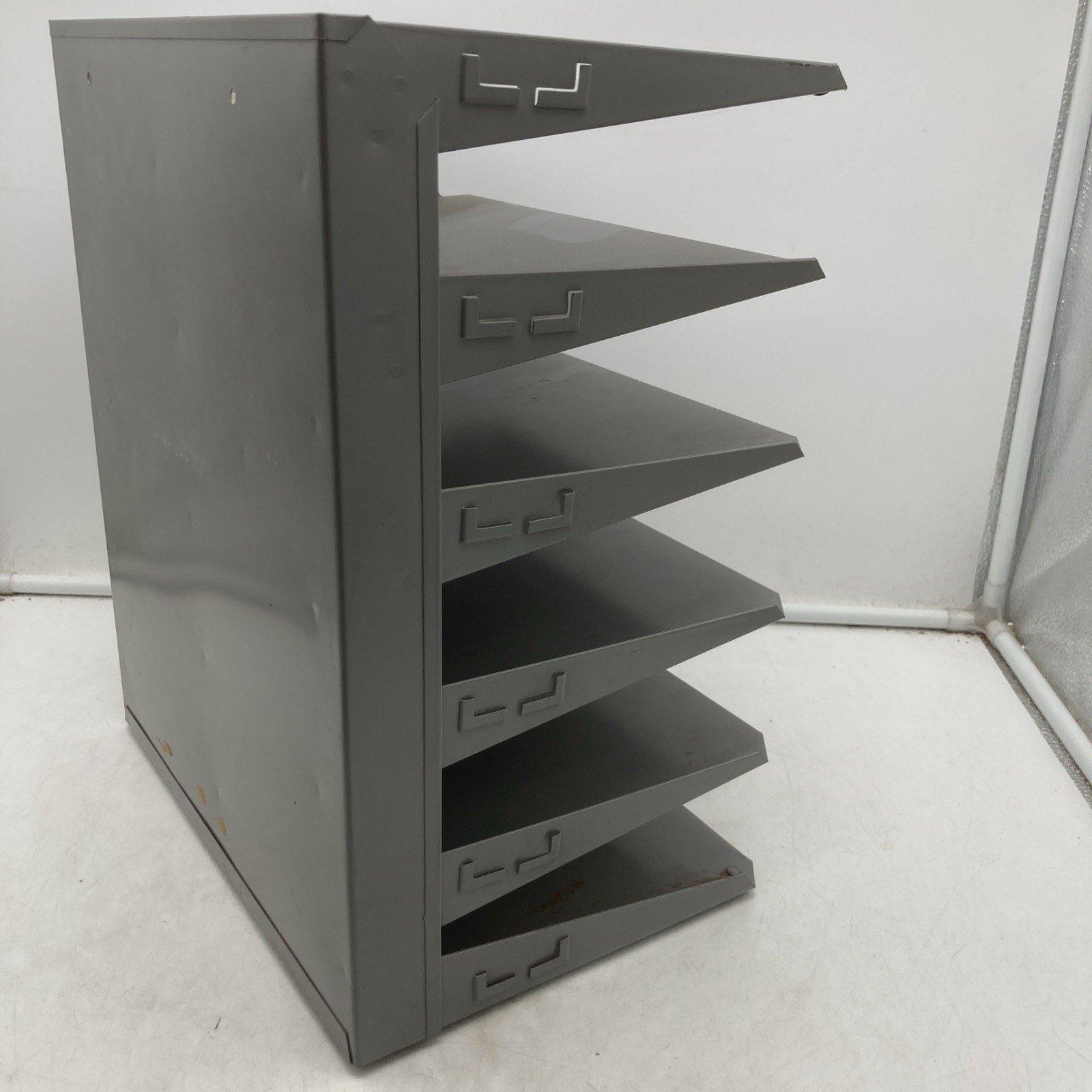 Vtg Industrial Gray Metal Horizontal 6 Tray Slot File Holder Desk Wall Organizer