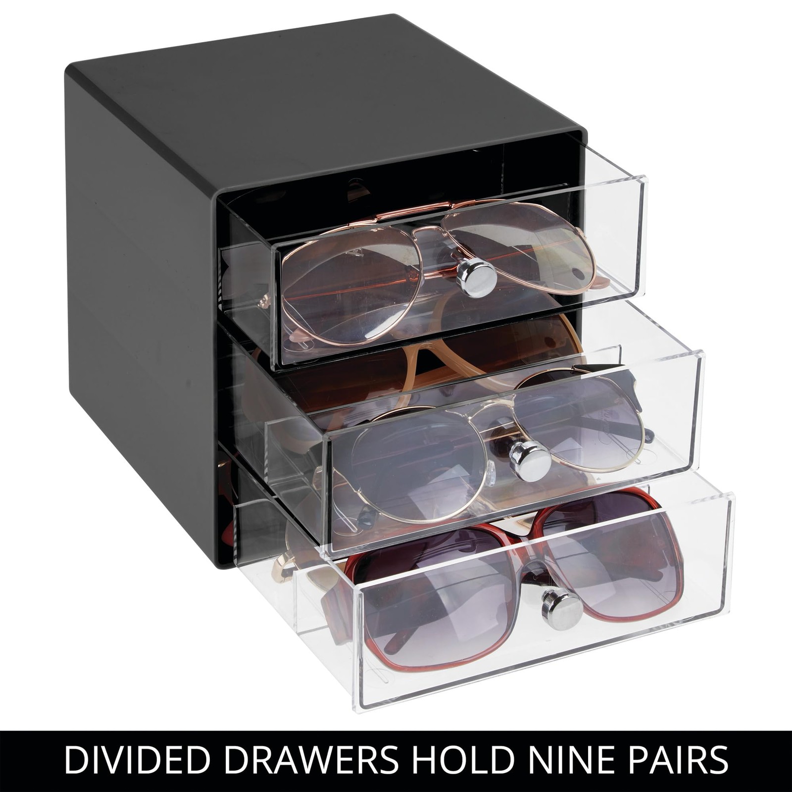 iDesign Divided 3-Drawer Stackable 7 inches x 7 x 7 inches, Black