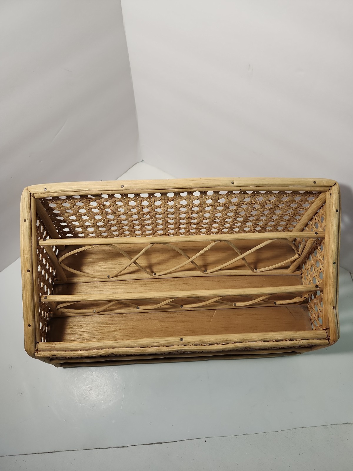Vintage Bamboo & Rattan Cane Wood Surface Top Desk Top Letter Organizer