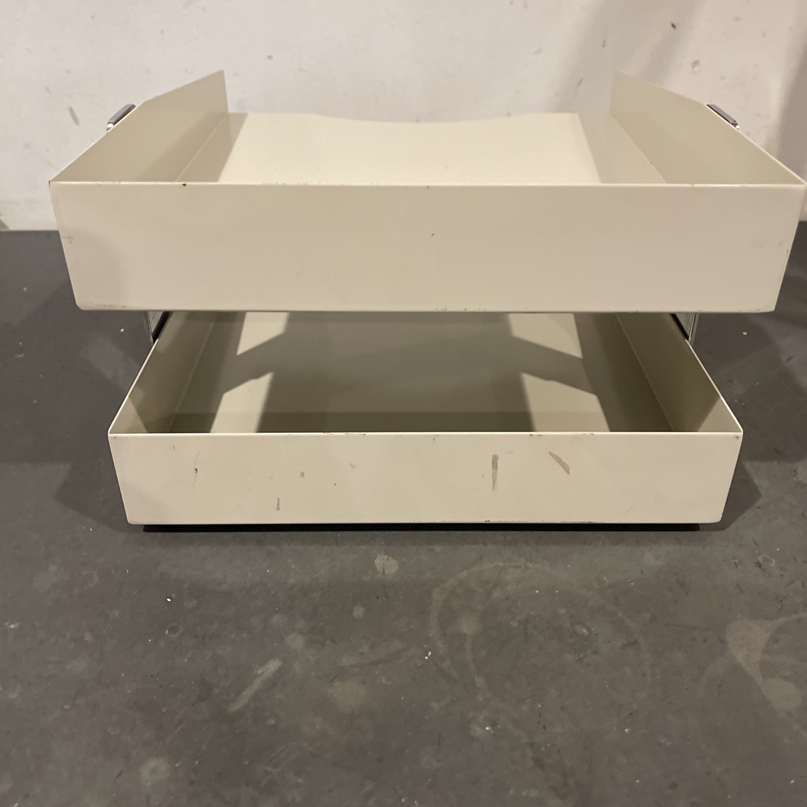 Vintage 2-Tier Metal Paper Tray Desk Organizer Chrome Tan Well-Made Mid-Century