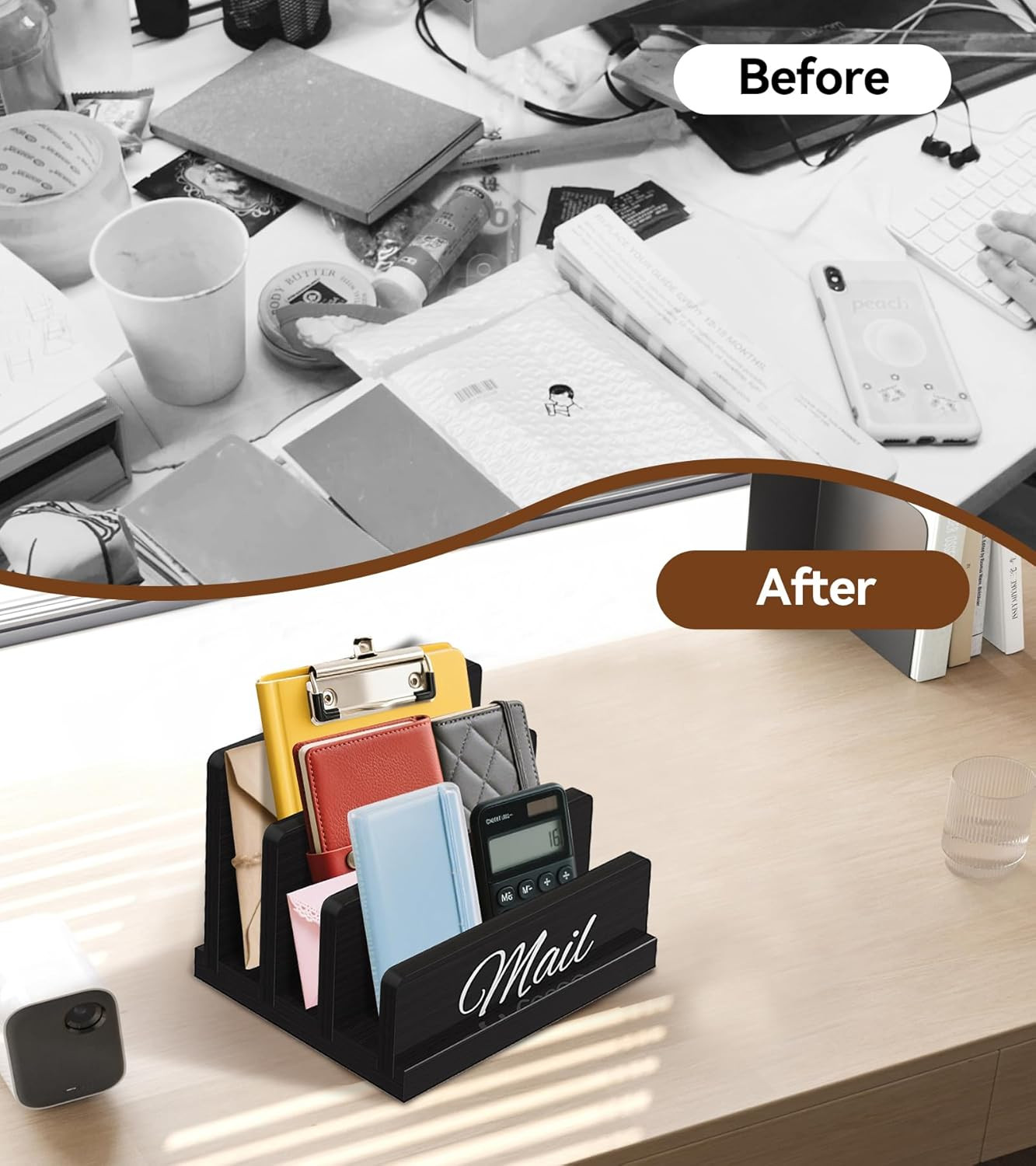 Mail Organizer for Desk,Wooden Mail Holder with Divider, 3-Slot Letter Sorter Fi
