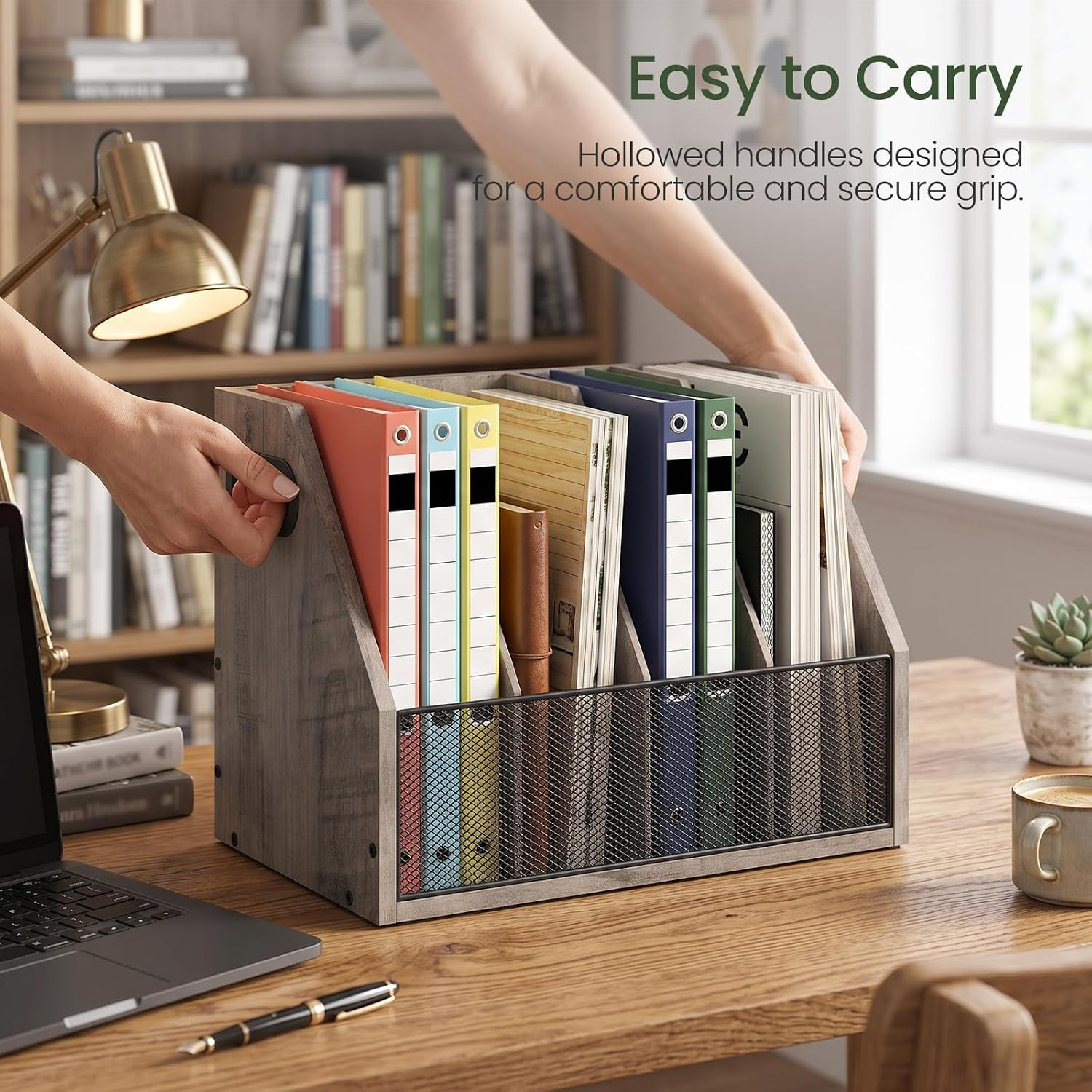 CHOEZON Wooden Desktop File Organizer with Removable Dividers, Mesh Front Panel