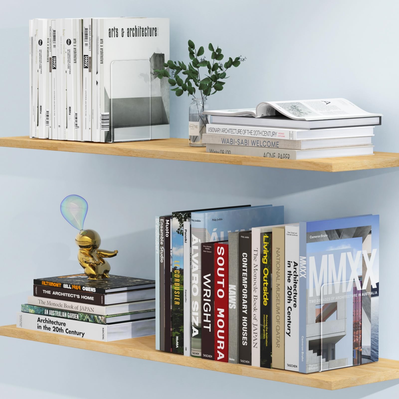 Acrylic Bookends 4 Pcs, Clear Book Ends for Shelves, 4 Pieces