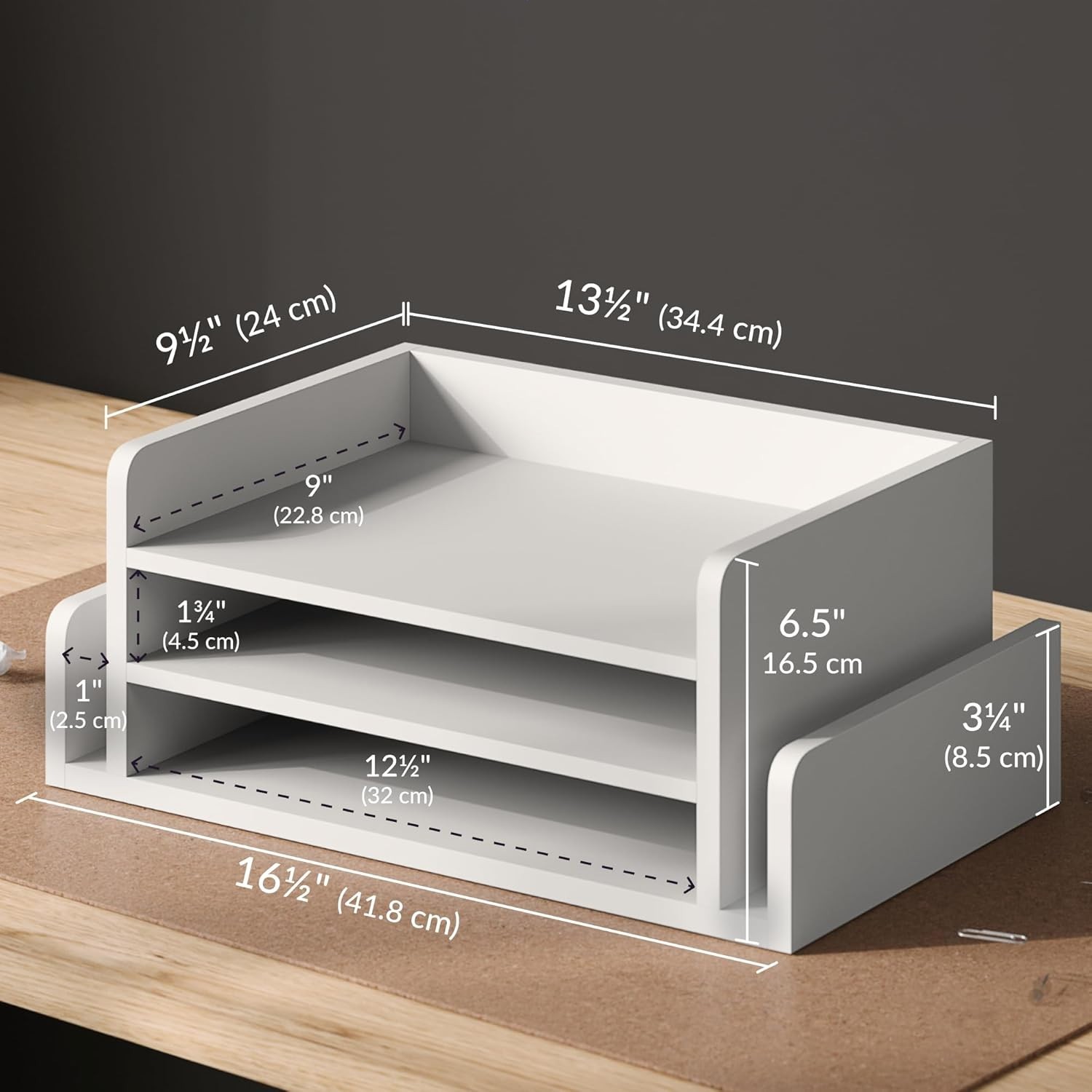 3-Tier Wood Desk Organizer Letter Tray File Holder w/ 2 Mail Slots White