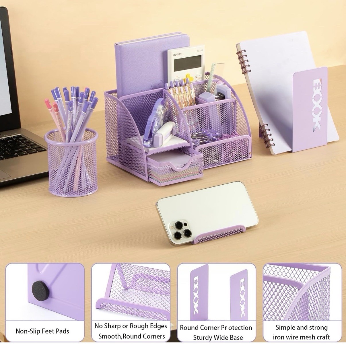 4 Piece Purple Mesh Desk Organizer 7 Slot Pen Holder Card Bookend Office Set !!