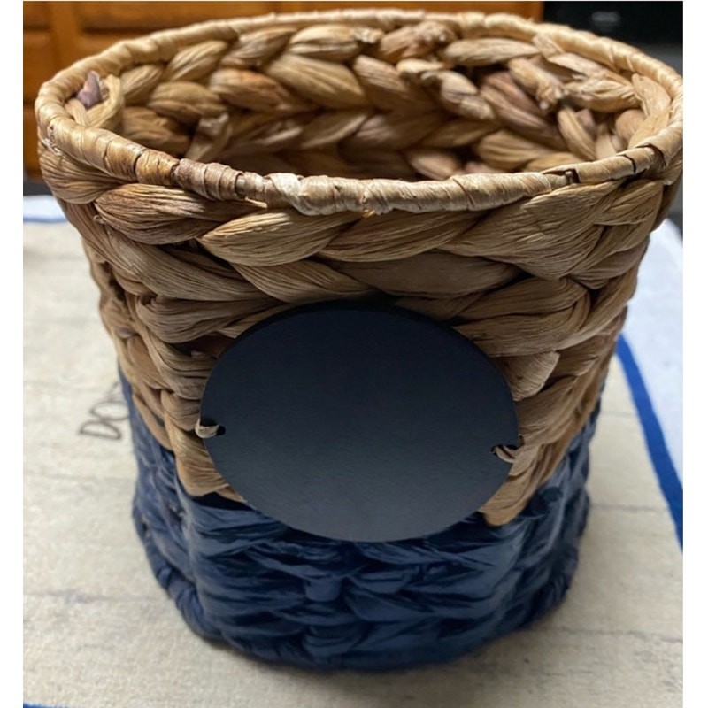 Thirty One Storage Basket 6” Tall Tan Blue Woven Wicker New Chalk Sign