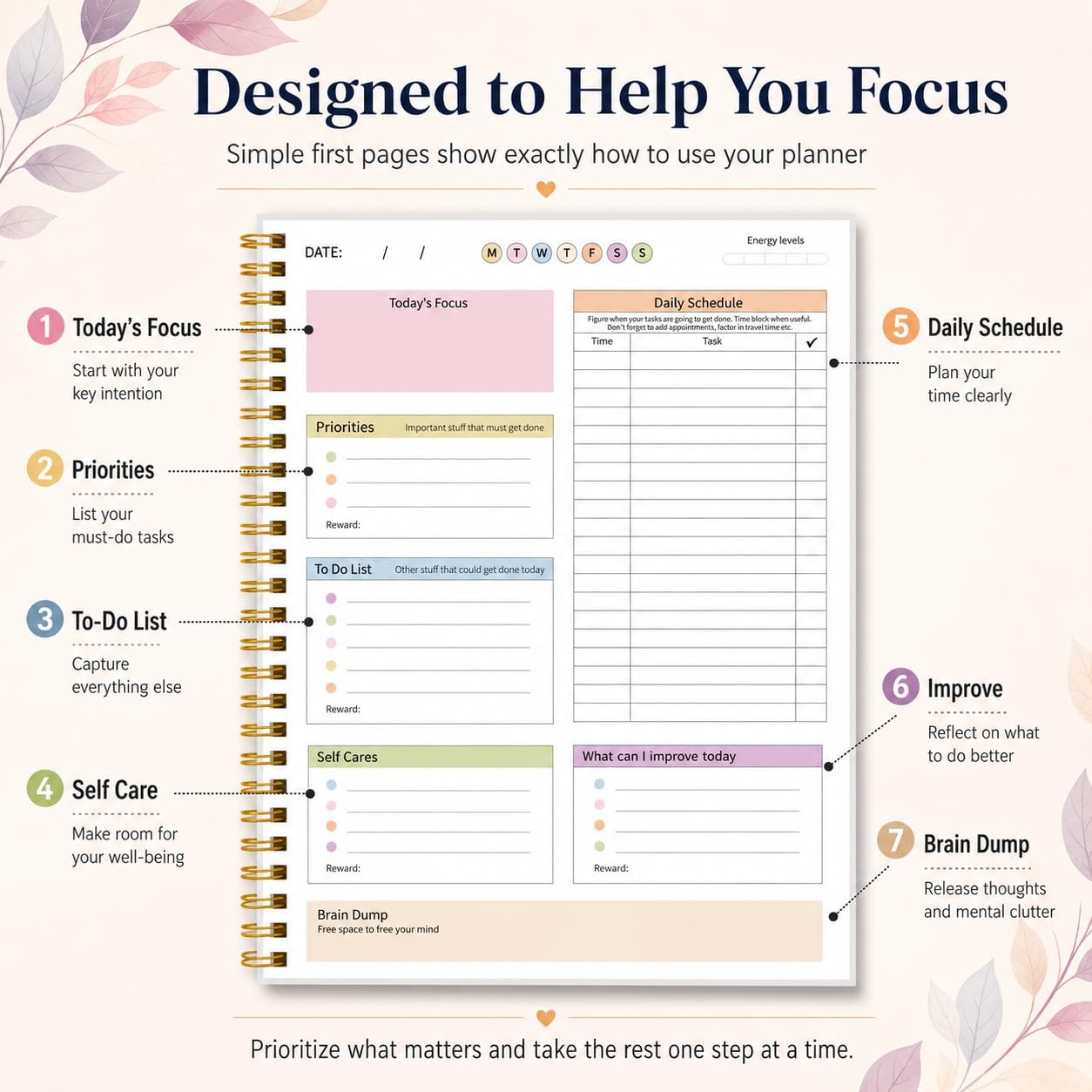 ADHD Planner for Women，Daily Productivity 7 X 10 inches, Colorful Leaves