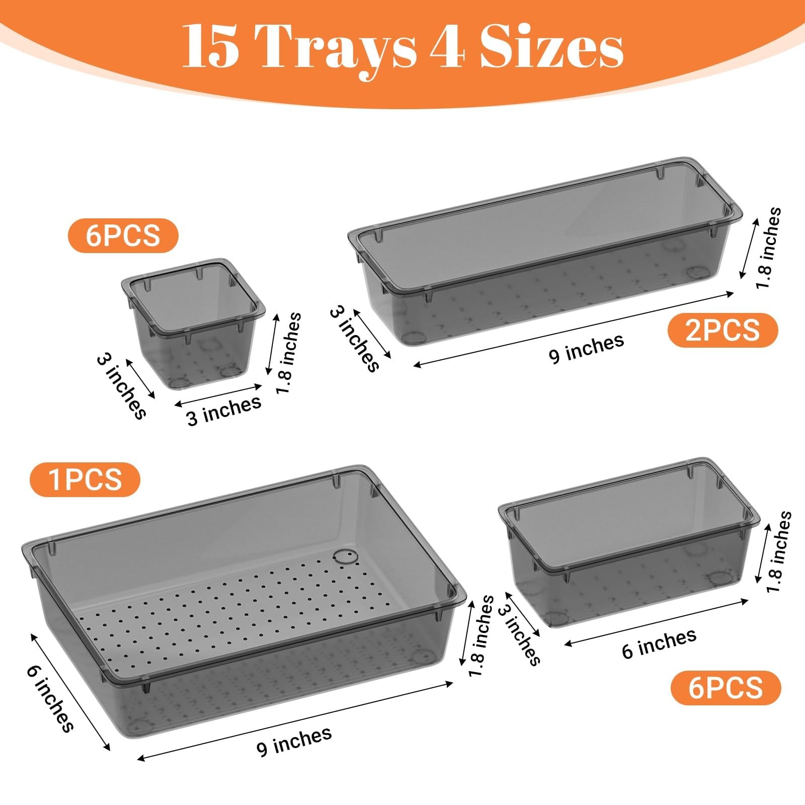 15 PCS Clear Plastic Drawer Organizer Set, 4-Size Acrylic Drawer Storage Tray…