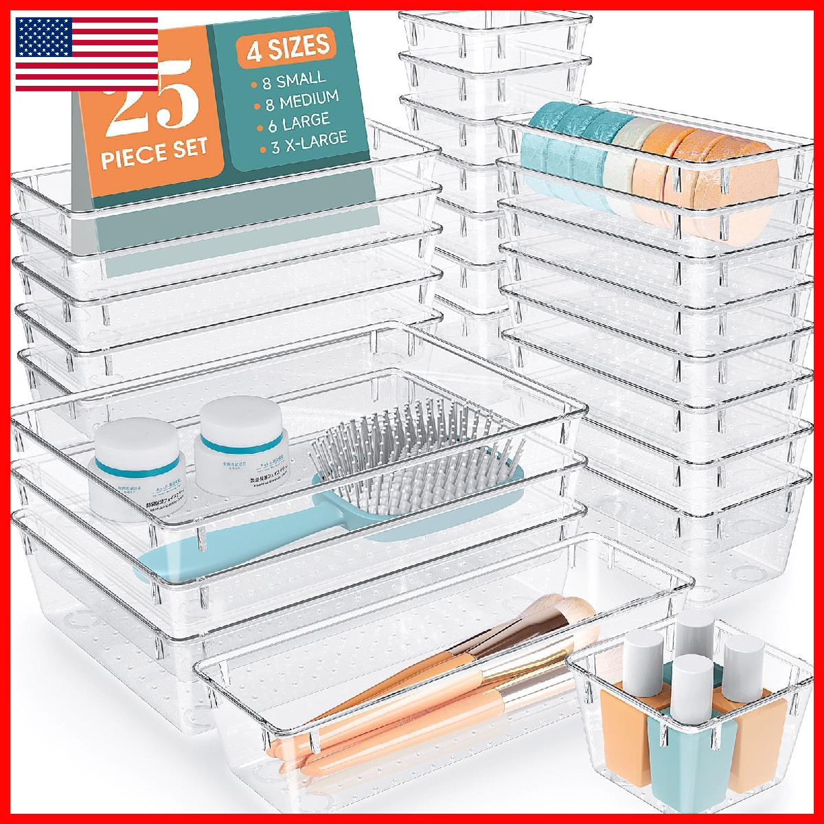 Wowbox 25 Pcs Clear Plastic Drawer Organizer Set 4 Sizes Desk Drawer Divider