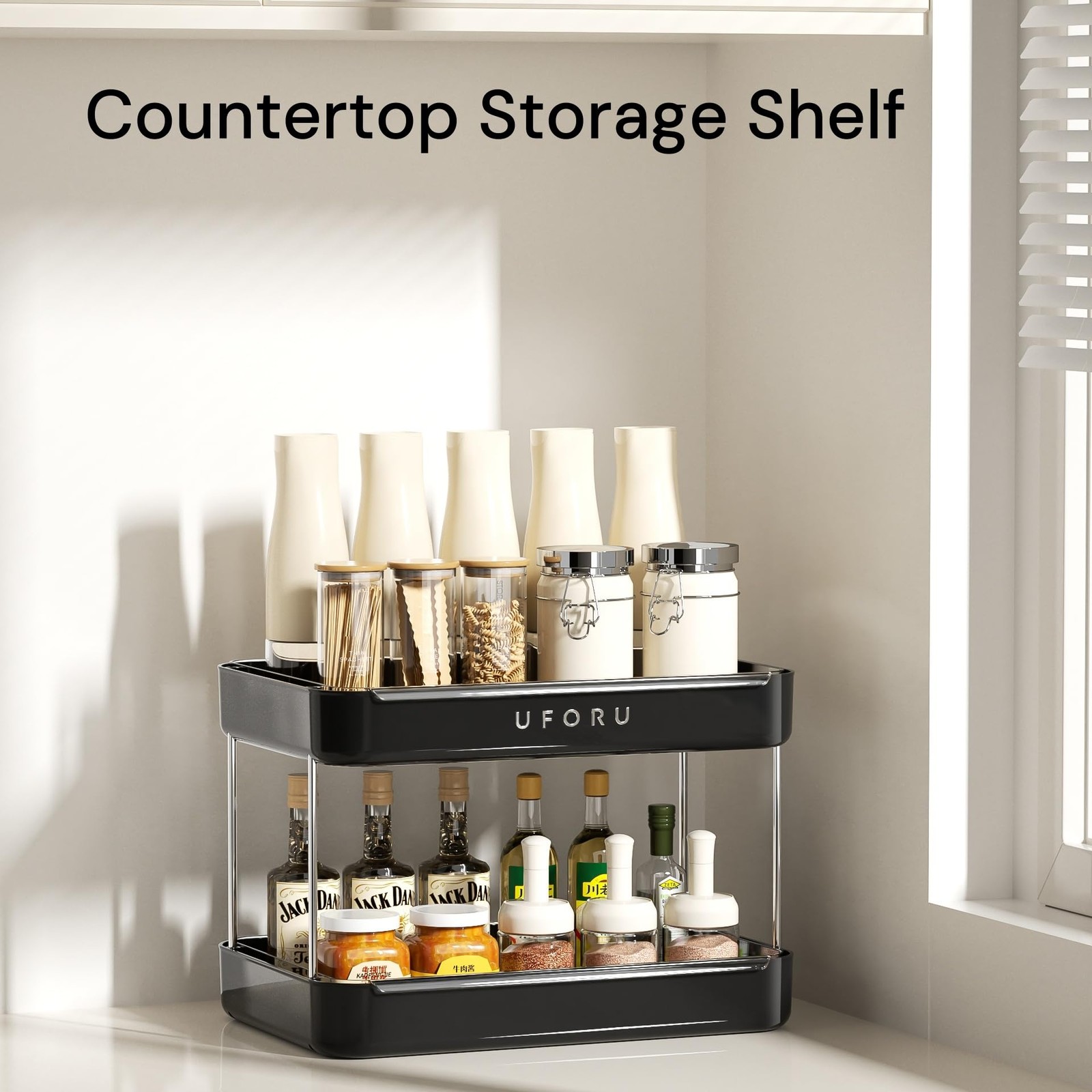 UFORU Countertop Coffee Station Organizer, 2 Tier Wine Glass 2 Tier, Black