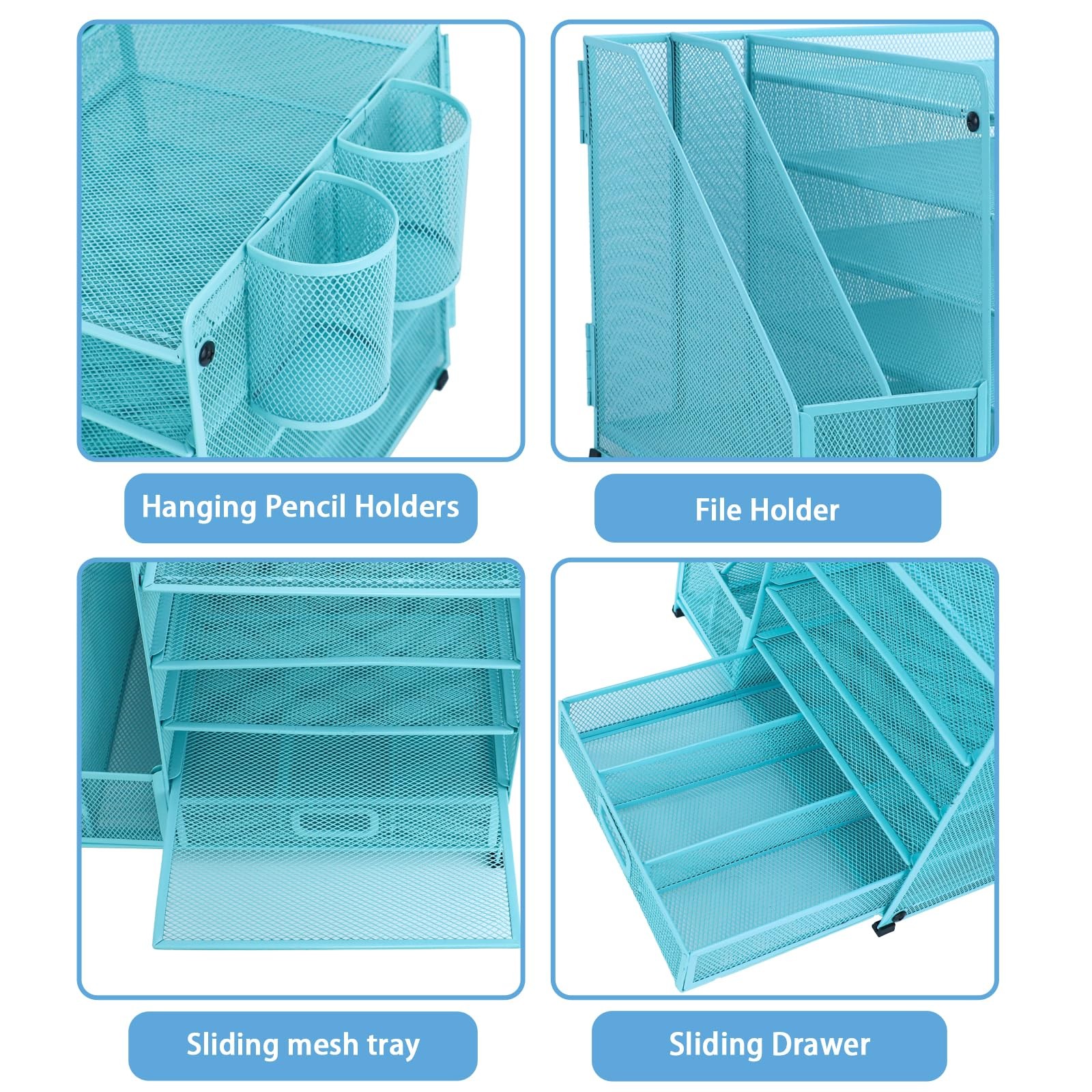 5 Tier Desk Organizer File Holder 2 Pen Holder Letter Tray Drawer Sky Blue