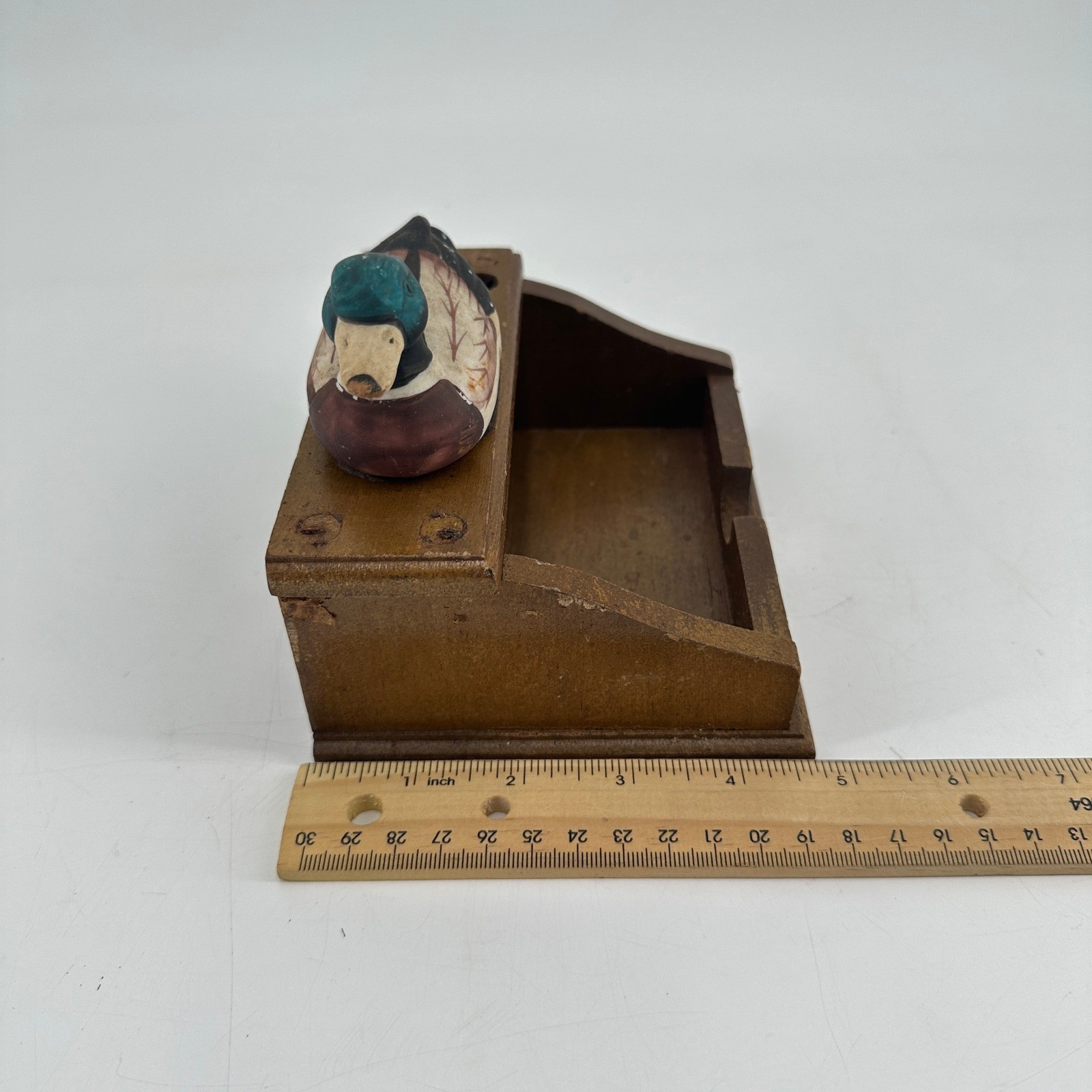 Vintage Wooden Mallard Duck Desk Organizer Pen Holder Sticky Note Caddy Rustic