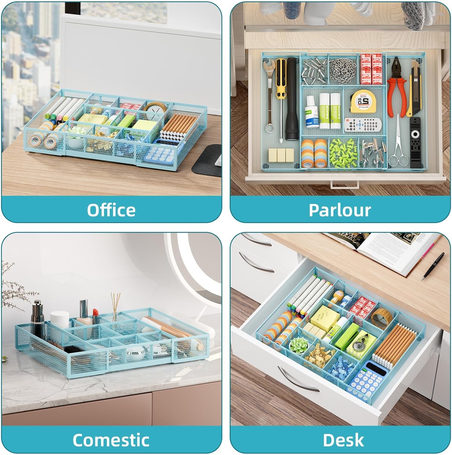 Expandable Desk Drawer Organizer, Mesh Drawer Organizer Tray with 10 Compartment