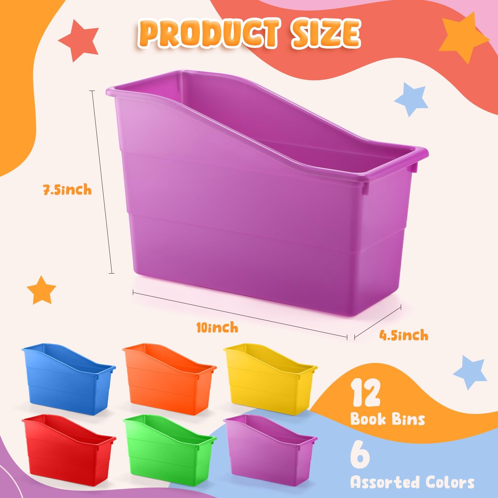 12 Pack Overlapping Classroom Storage Bins (Rainbow Colors) – Durable Book an…