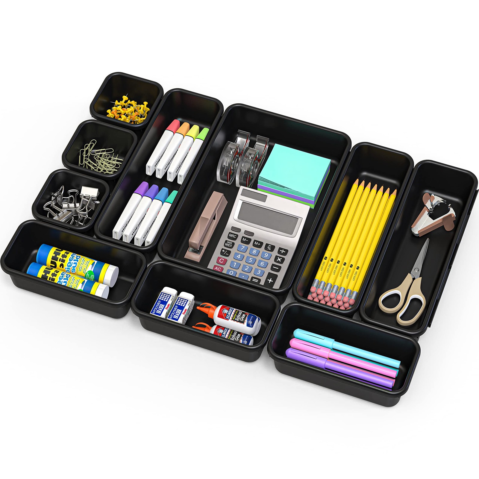 Interlocking Desk Drawer Organizer Bins, 10 Pack, Black