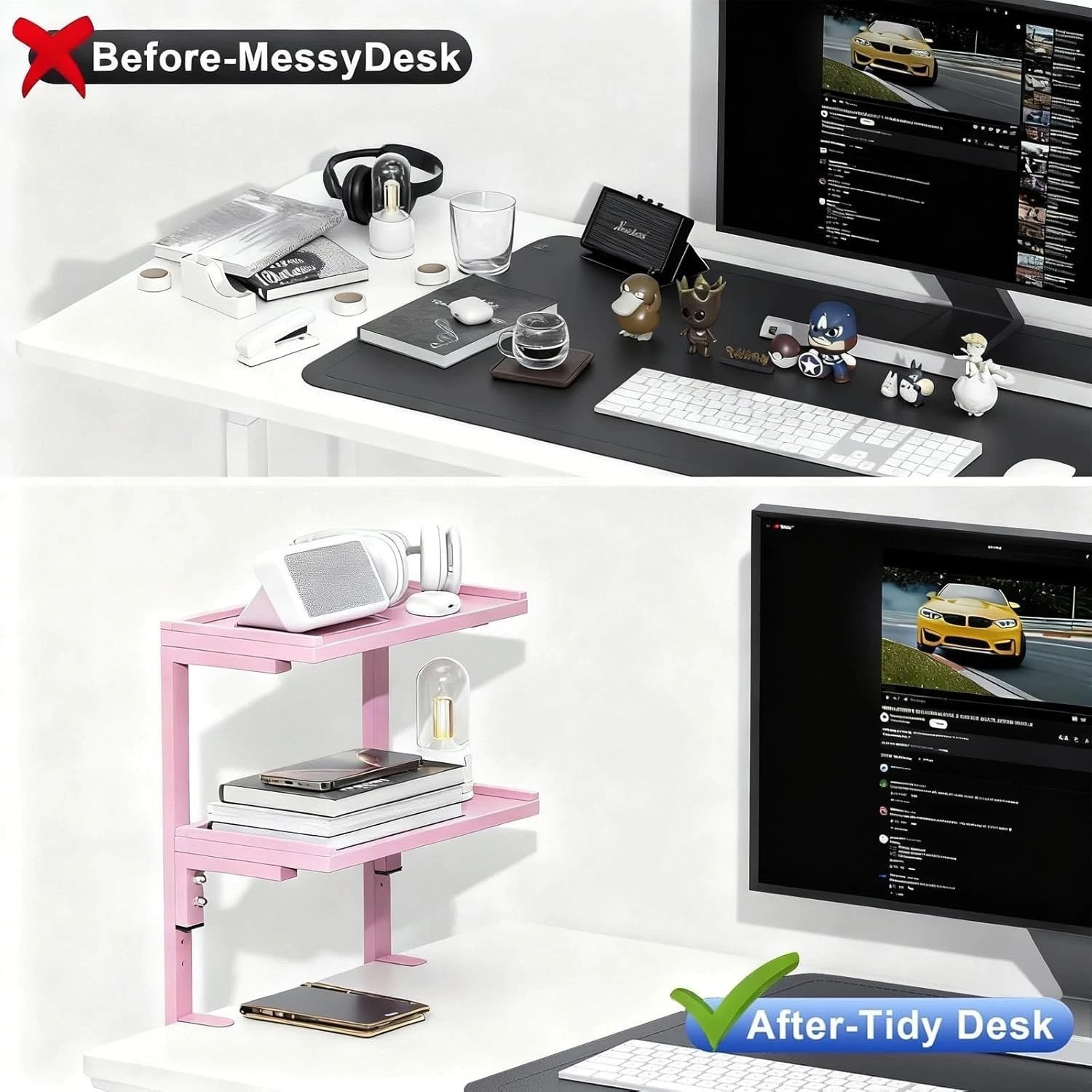 Elegant 2-Tier Adjustable Desk Shelf Organizer in Pink – No Drilling Required