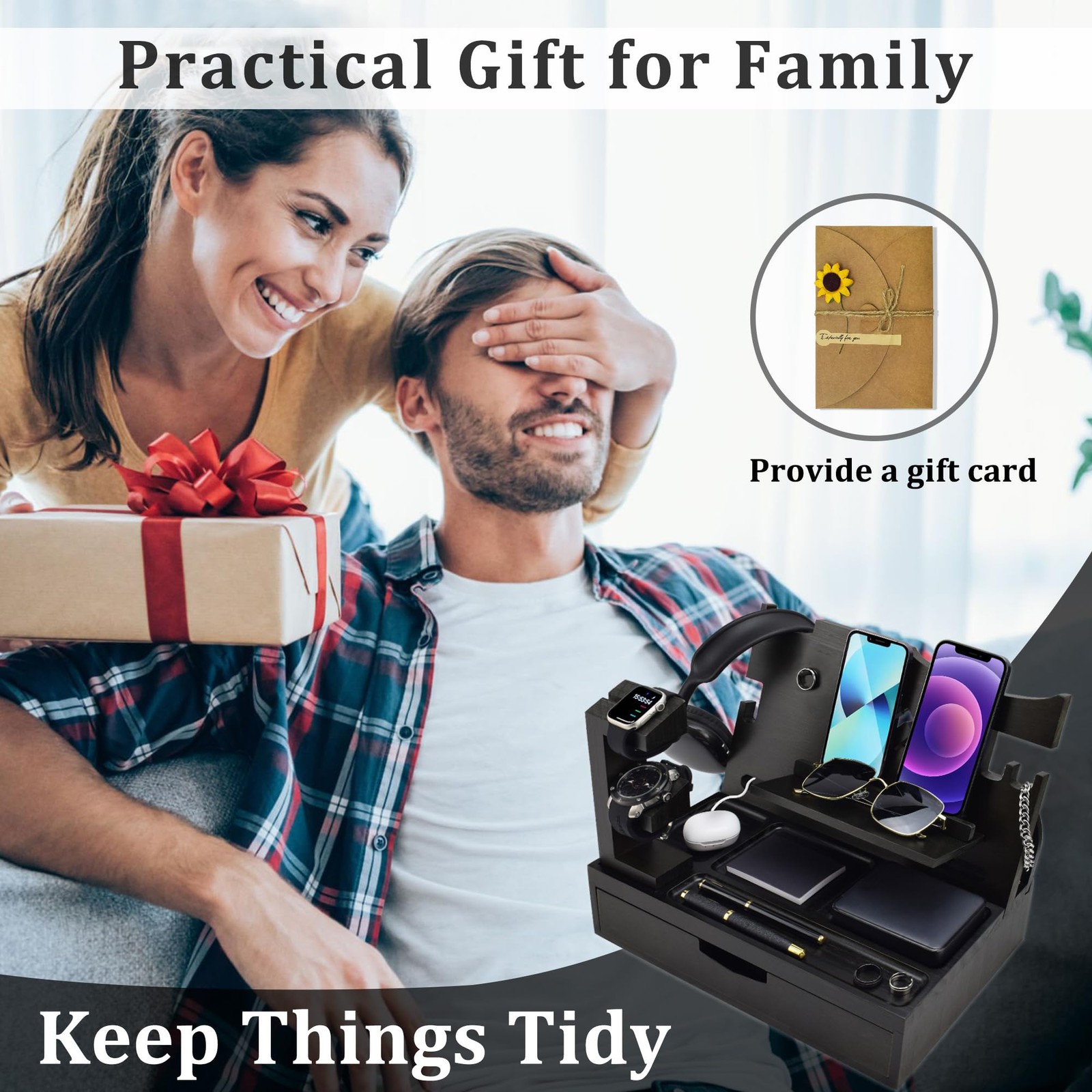 KWYADLUO Nightstand Organizer for Men with Large Drawer, Wood Phone Black