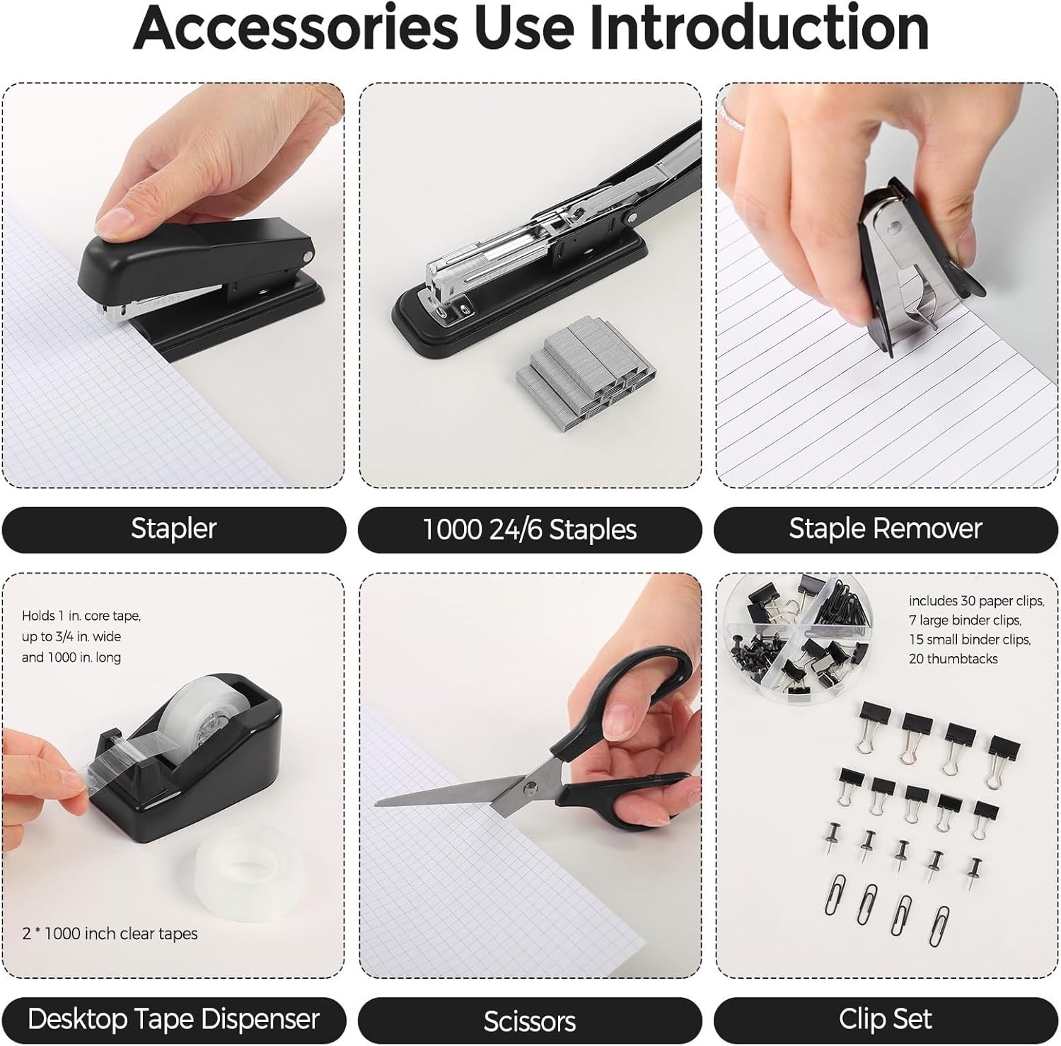 SKYDUE Black Office Supplies Set, Black Desk Accessories, Stapler, Tape Dispense