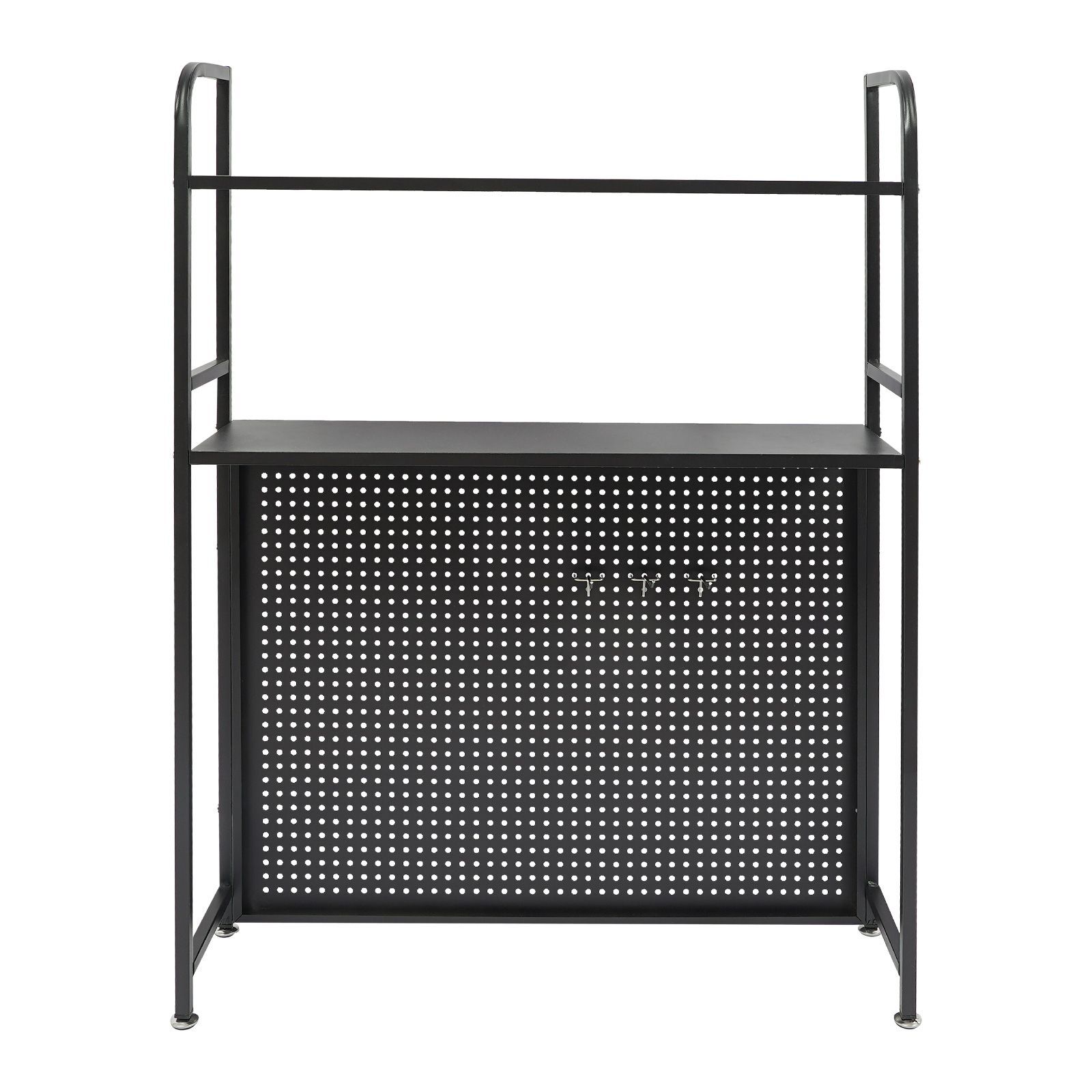 2-Tier Desktop Storage Rack with 3 Hooks, Black Carbon Steel Tabletop Shelf