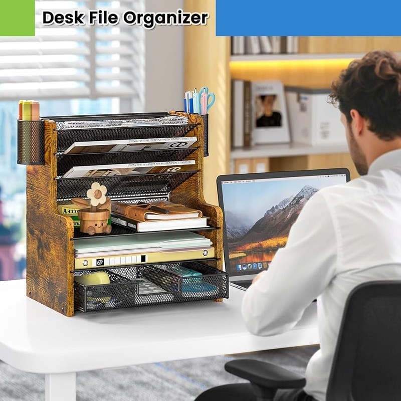 Versatile Desk Organizer W/ 5-Tier Paper Trays & Smooth-Gliding Drawer New