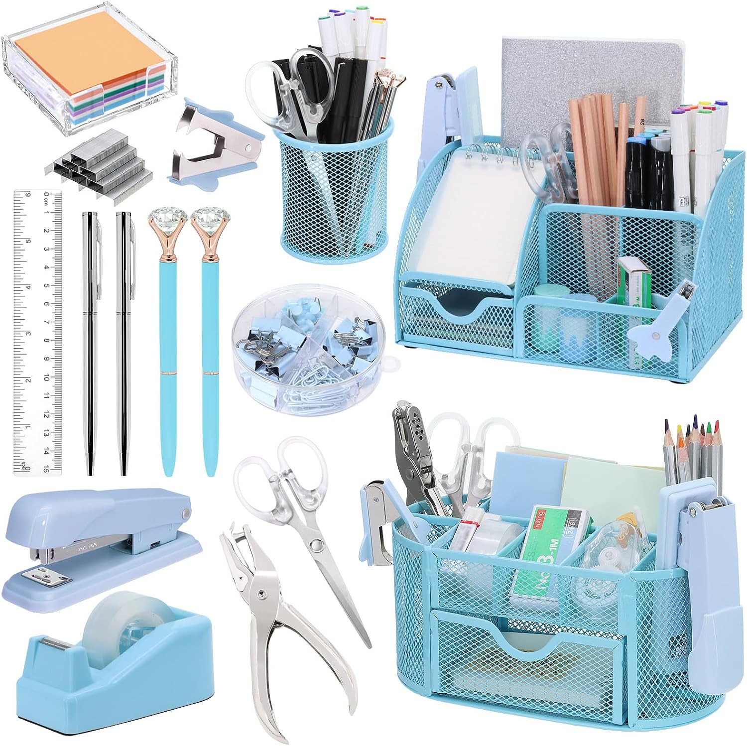 17 in 1 Blue Desk Organizers and Accessories Set, 3 Office Desk Supplies Storage