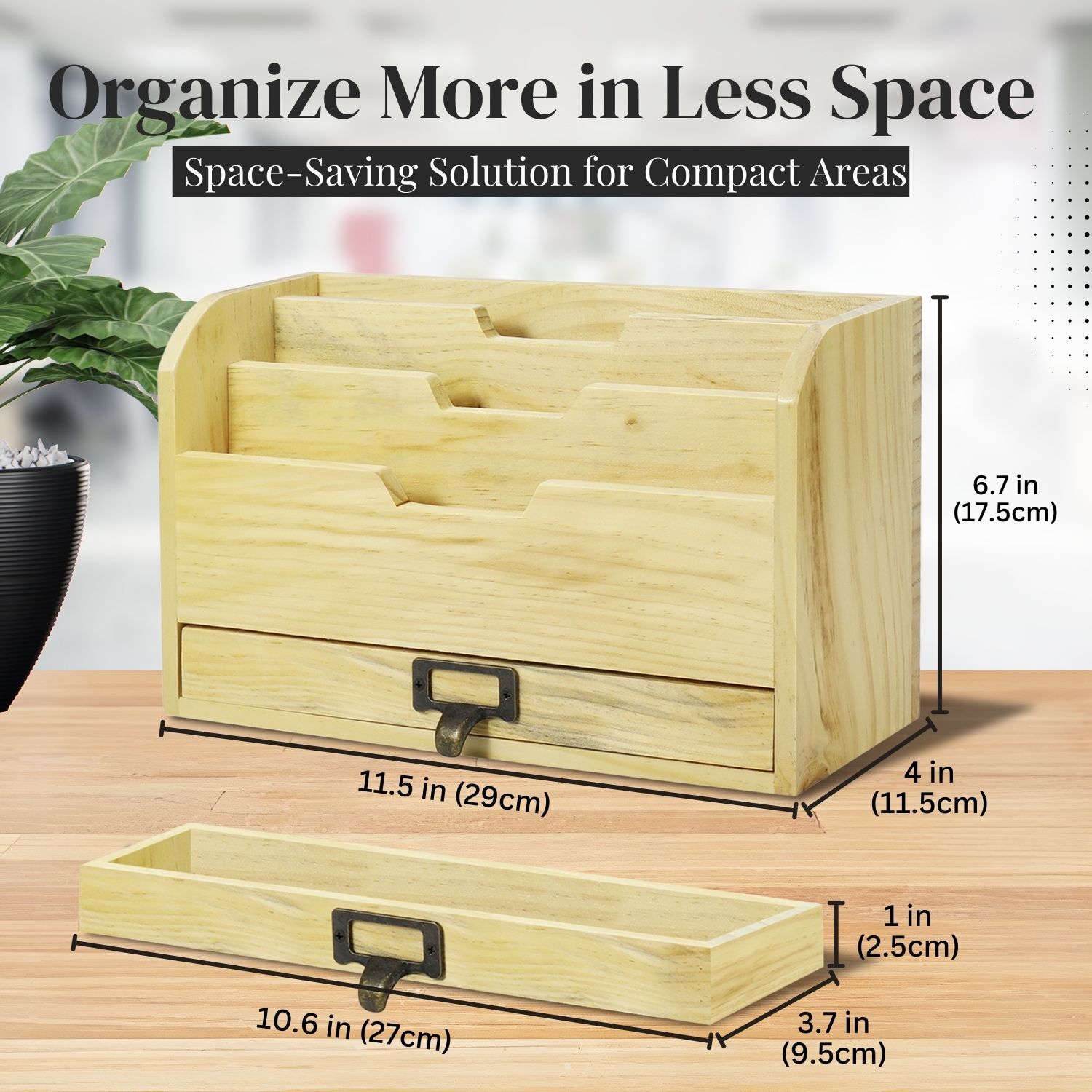 3 Tier Wood Desk Organizer – Wooden Mail Organizer with Drawer for Mail
