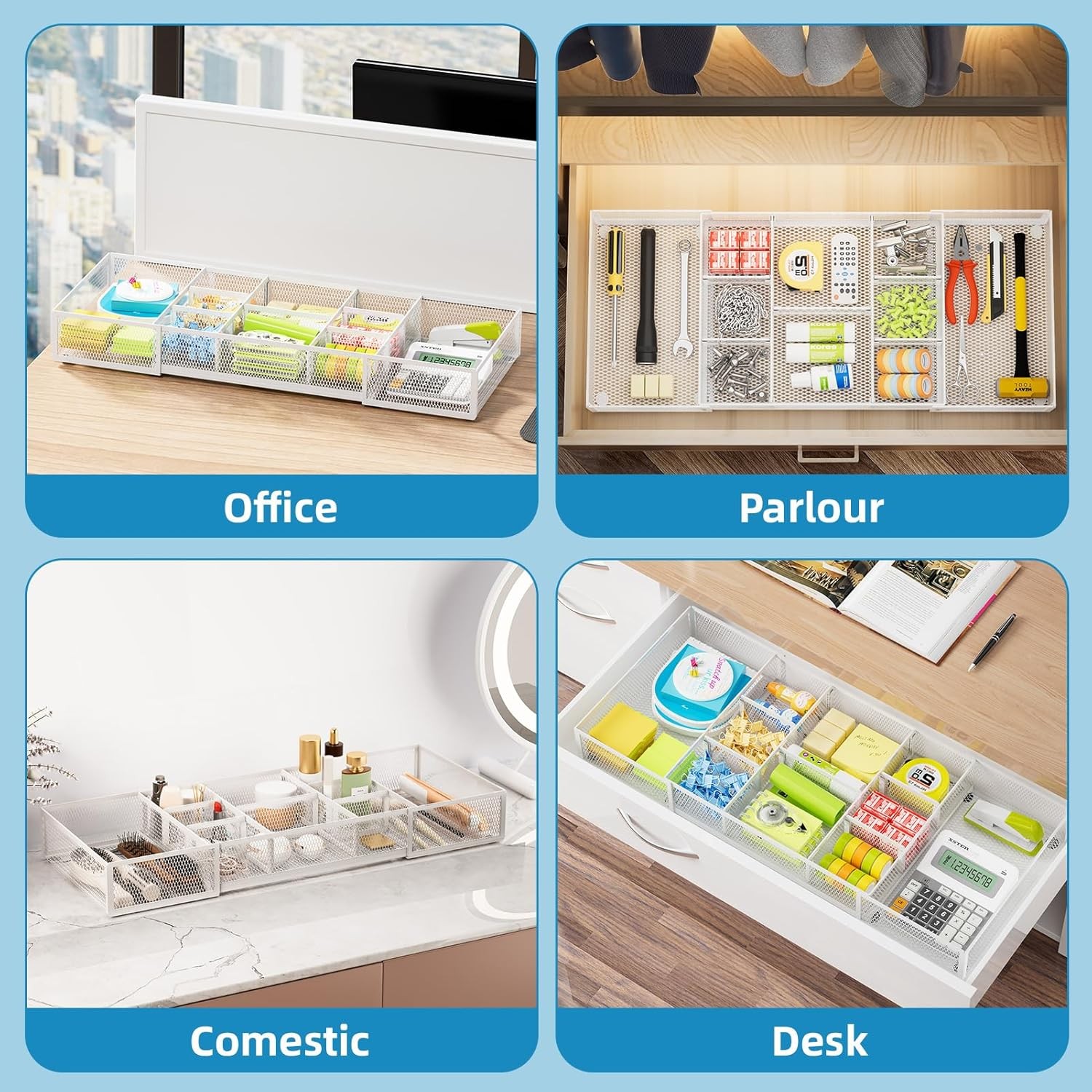 Expandable Desk Drawer Organizer, Mesh Drawer Organizer Tray with 10 Compartment