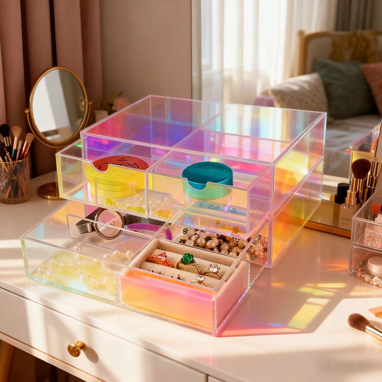 AZY Rainbow Acrylic Earring Organizer 2-Tier 3-Drawer with 6 Colorful
